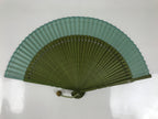 Japanese Fabric Folding Fan Sensu Bamboo Frame Vtg Green Blue w/Case 4D882