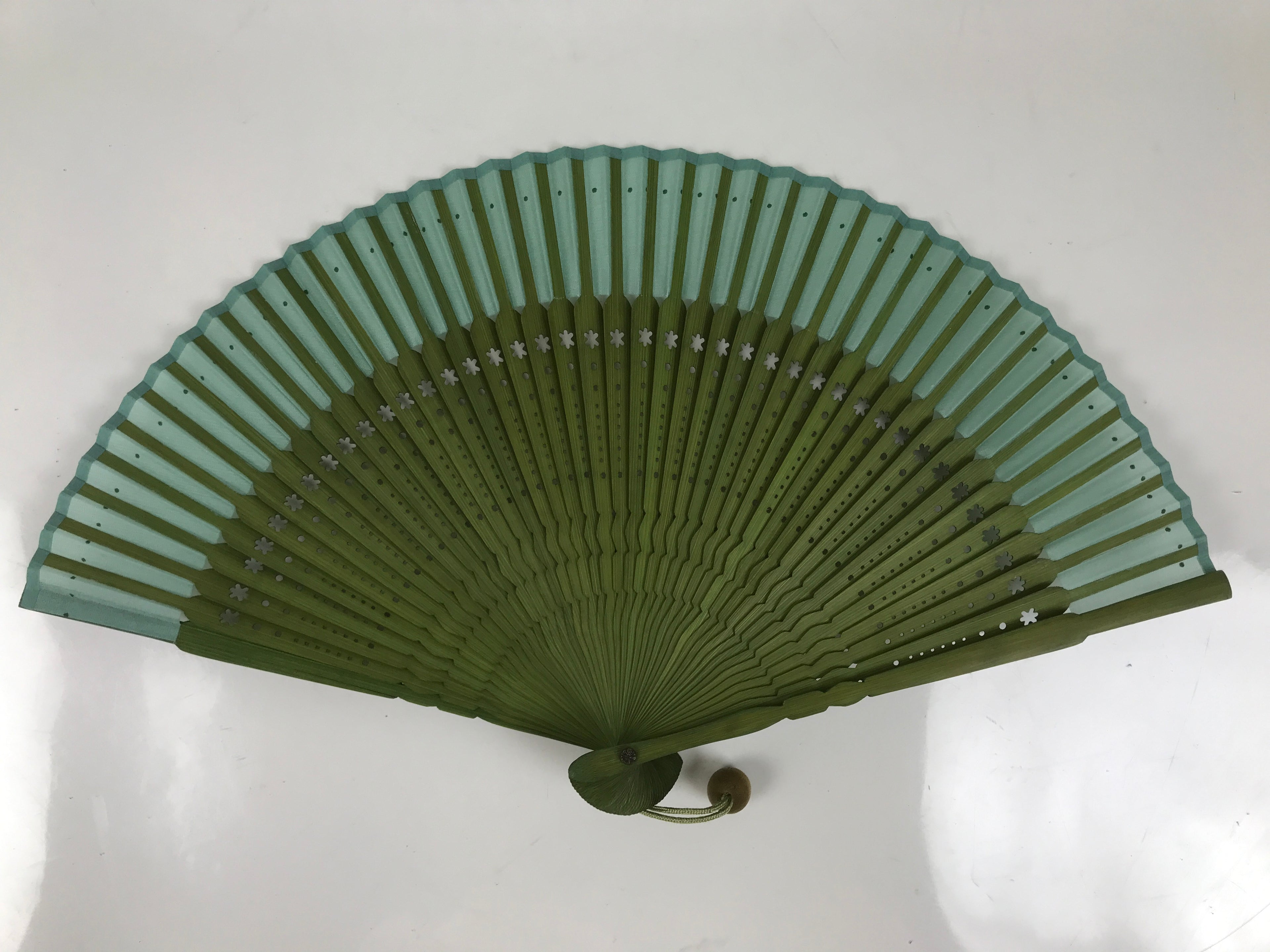 Japanese Fabric Folding Fan Sensu Bamboo Frame Vtg Green Blue w/Case 4D882