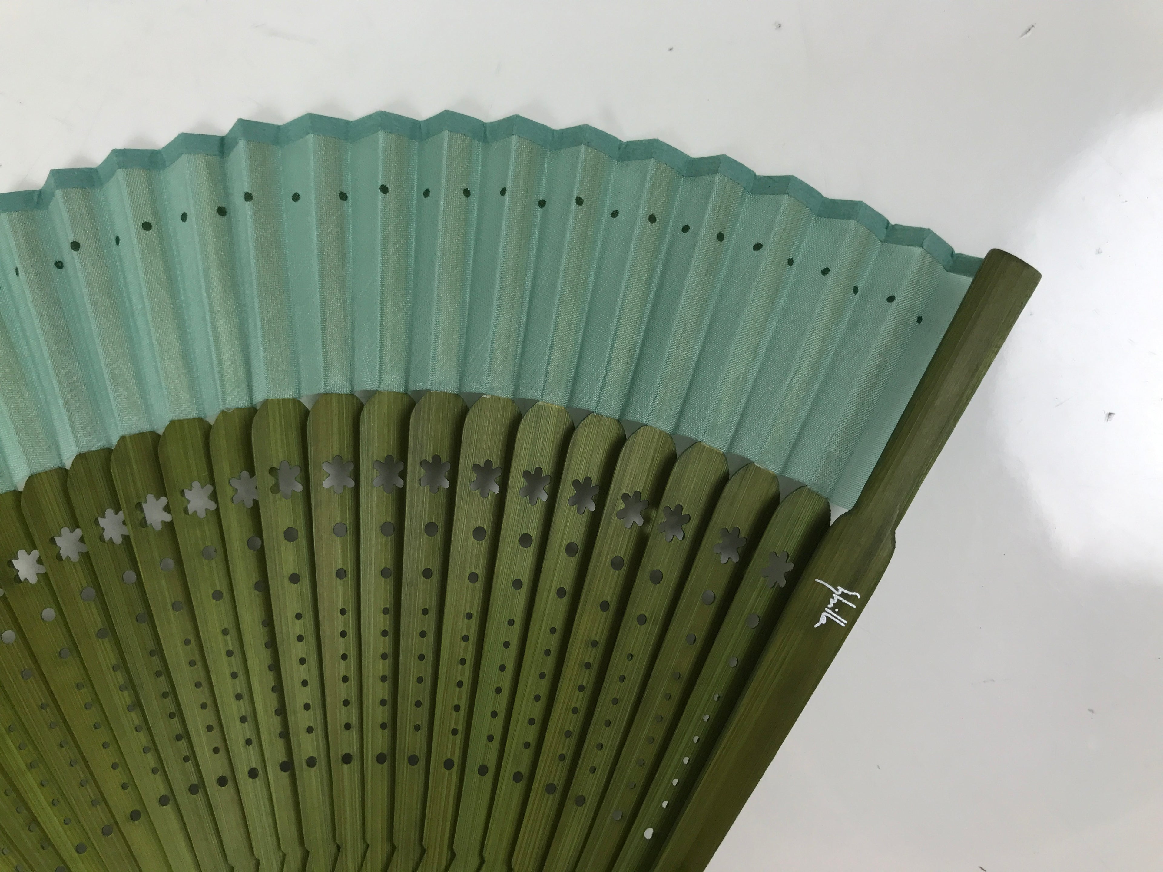 Japanese Fabric Folding Fan Sensu Bamboo Frame Vtg Green Blue w/Case 4D882