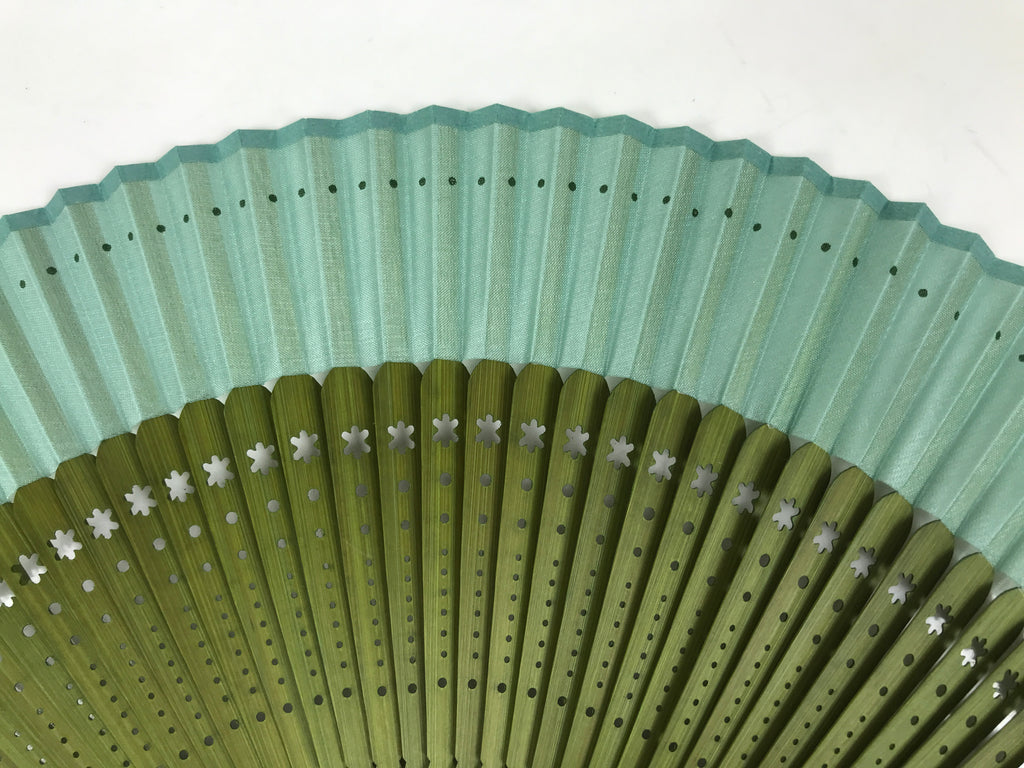 Japanese Fabric Folding Fan Sensu Bamboo Frame Vtg Green Blue w/Case 4D882