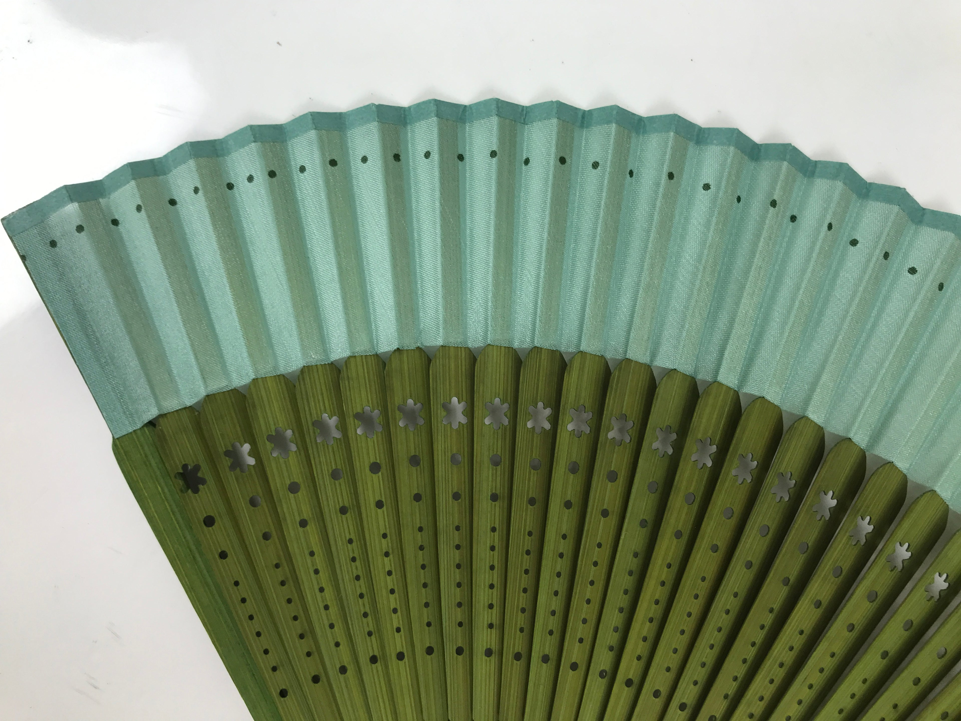 Japanese Fabric Folding Fan Sensu Bamboo Frame Vtg Green Blue w/Case 4D882