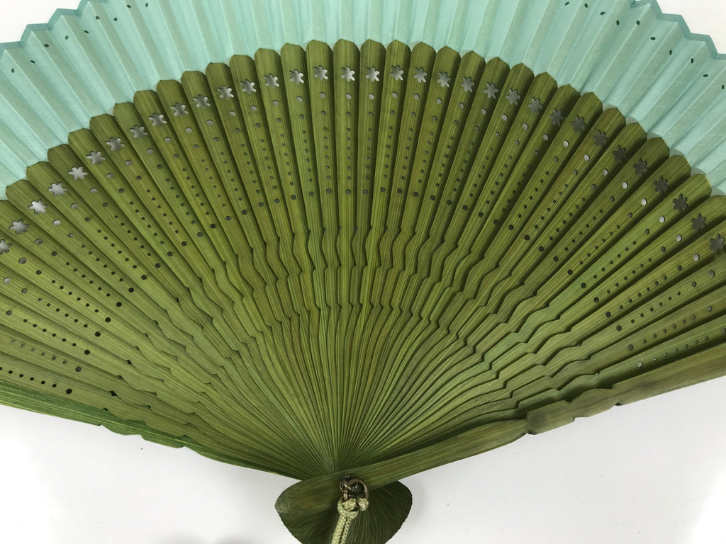 Japanese Fabric Folding Fan Sensu Bamboo Frame Vtg Green Blue w/Case 4D882