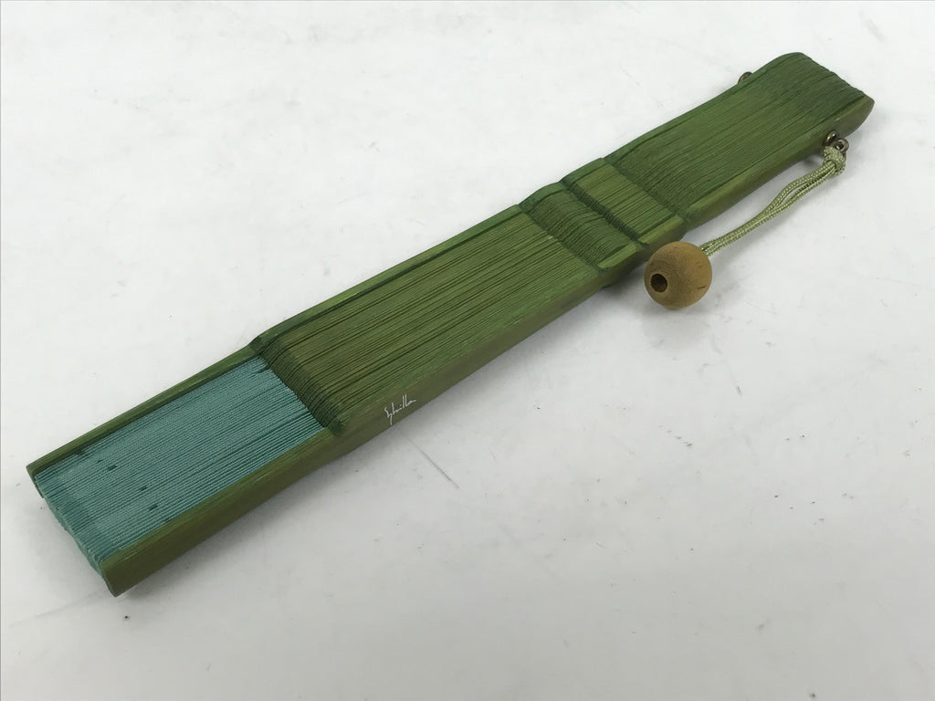Japanese Fabric Folding Fan Sensu Bamboo Frame Vtg Green Blue w/Case 4D882