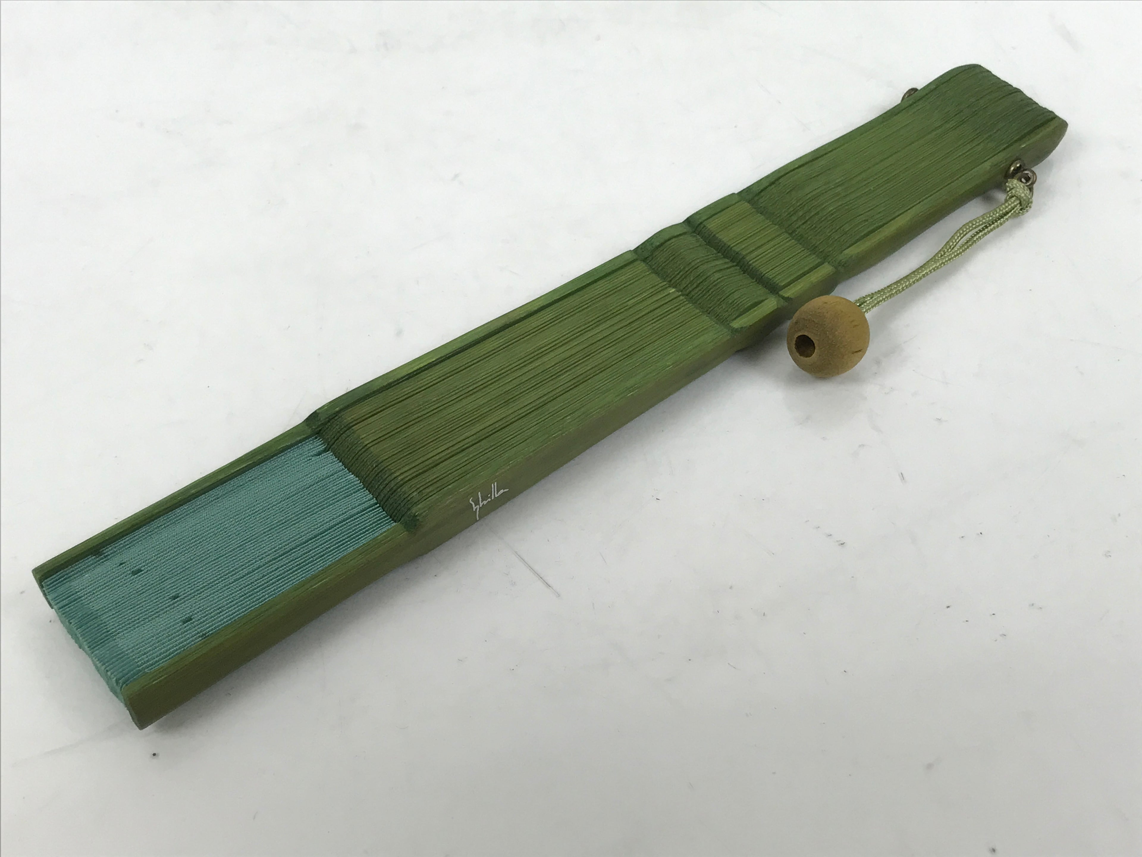 Japanese Fabric Folding Fan Sensu Bamboo Frame Vtg Green Blue w/Case 4D882