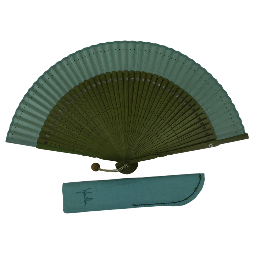 Japanese Fabric Folding Fan Sensu Bamboo Frame Vtg Green Blue w/Case 4D882