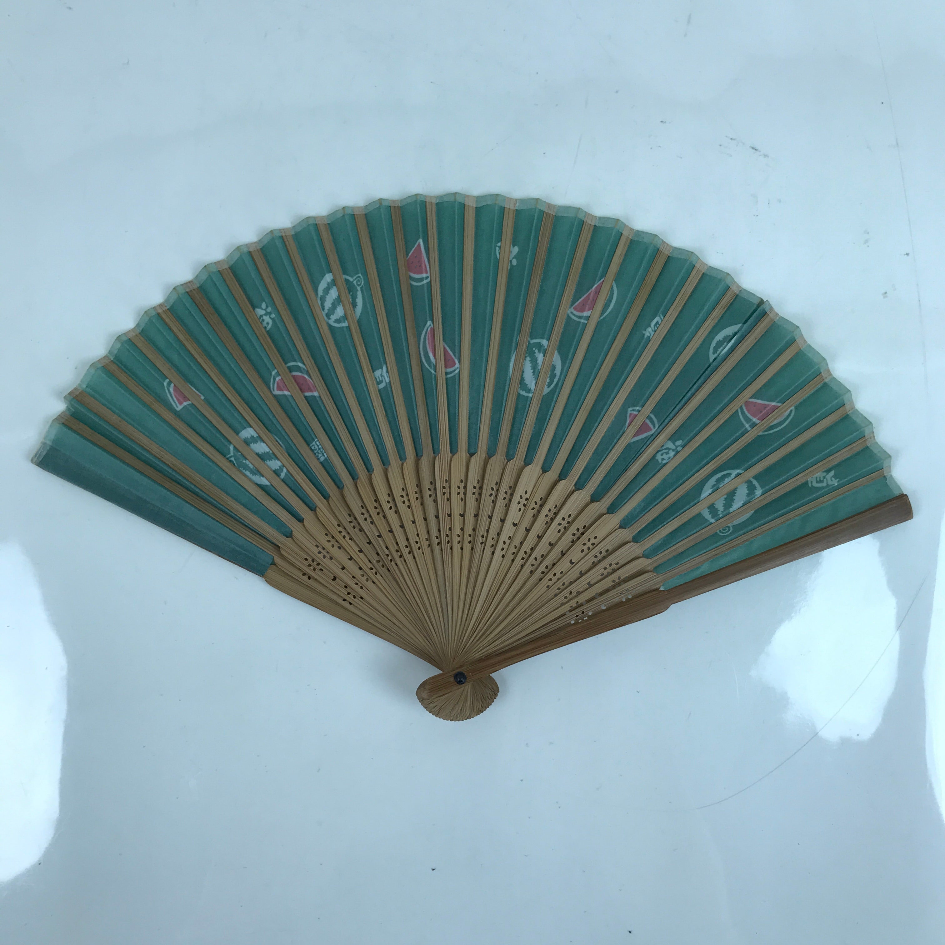 Japanese Fabric Folding Fan Sensu Bamboo Frame Watermelon Suika Green 4D811