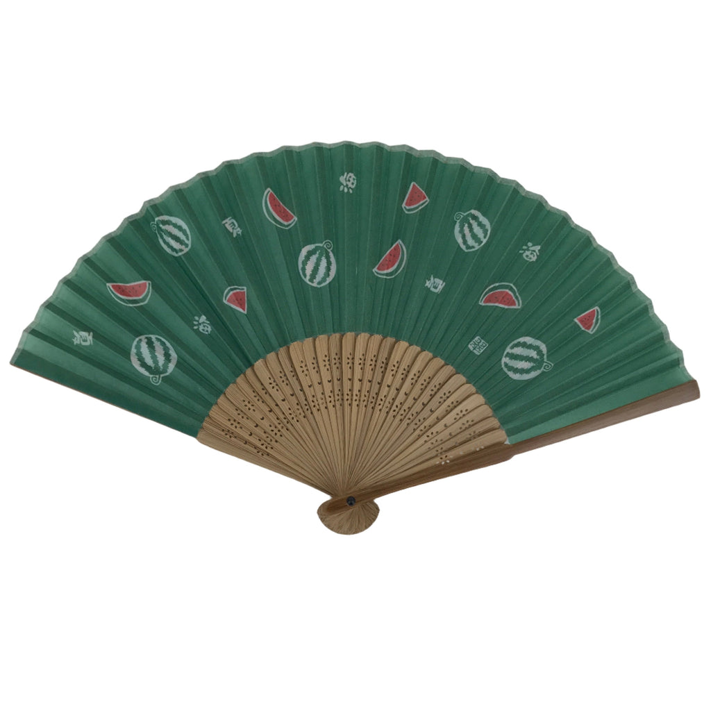 Japanese Fabric Folding Fan Sensu Bamboo Frame Watermelon Suika Green 4D811