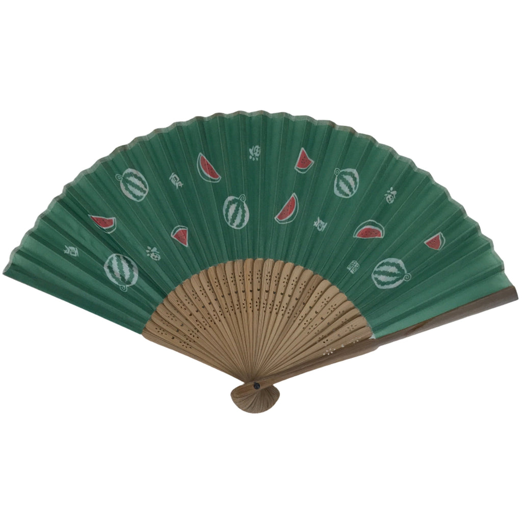 Japanese Fabric Folding Fan Sensu Bamboo Frame Watermelon Suika Green 4D862