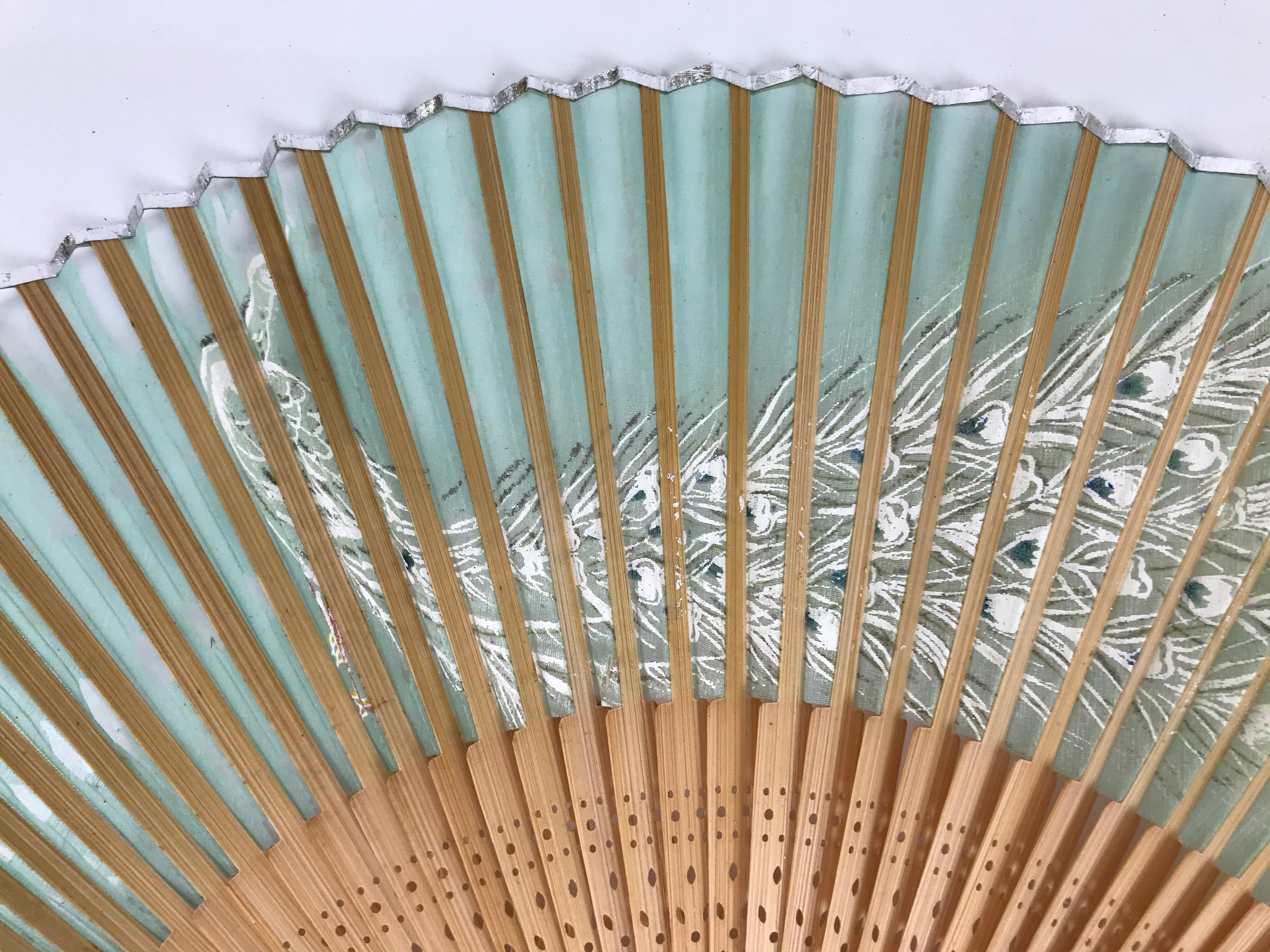 Japanese Fabric Folding Fan Sensu Bamboo Frame White Peacock Bird Green 4D918