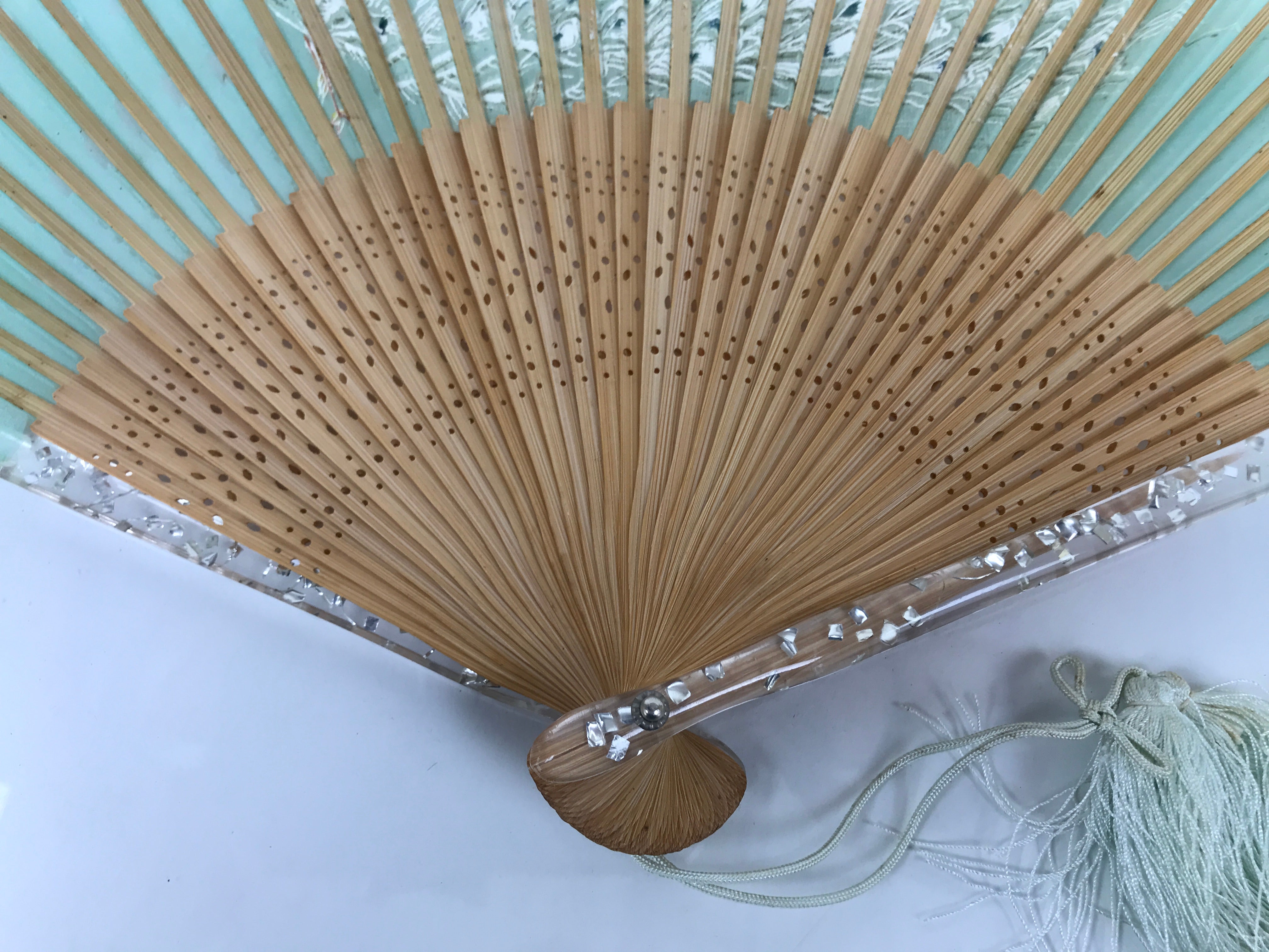 Japanese Fabric Folding Fan Sensu Bamboo Frame White Peacock Bird Green 4D918