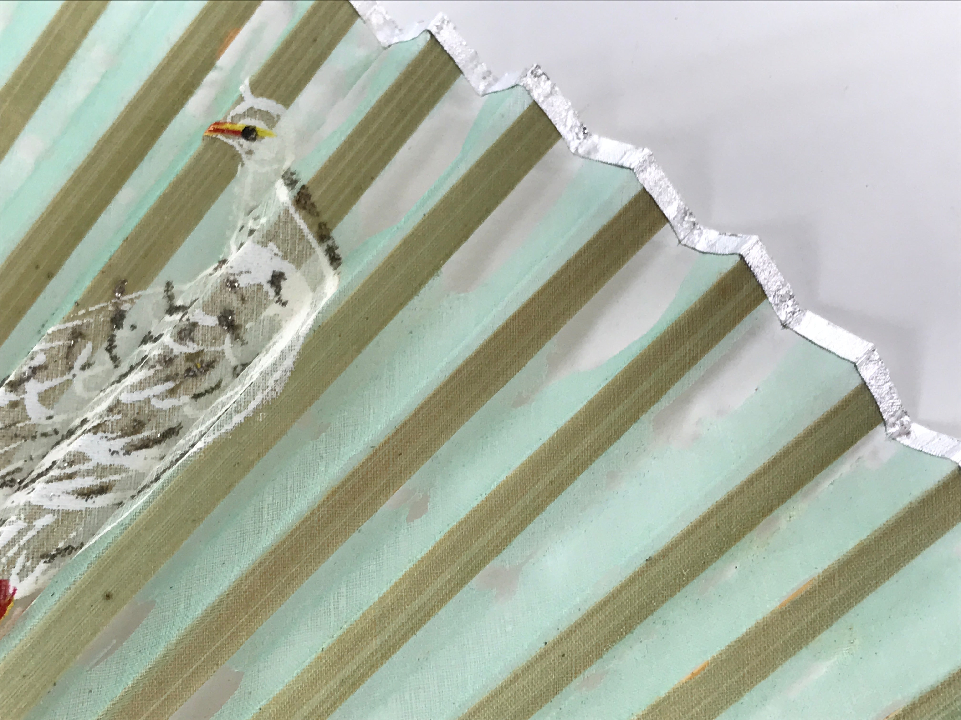 Japanese Fabric Folding Fan Sensu Bamboo Frame White Peacock Bird Green 4D918