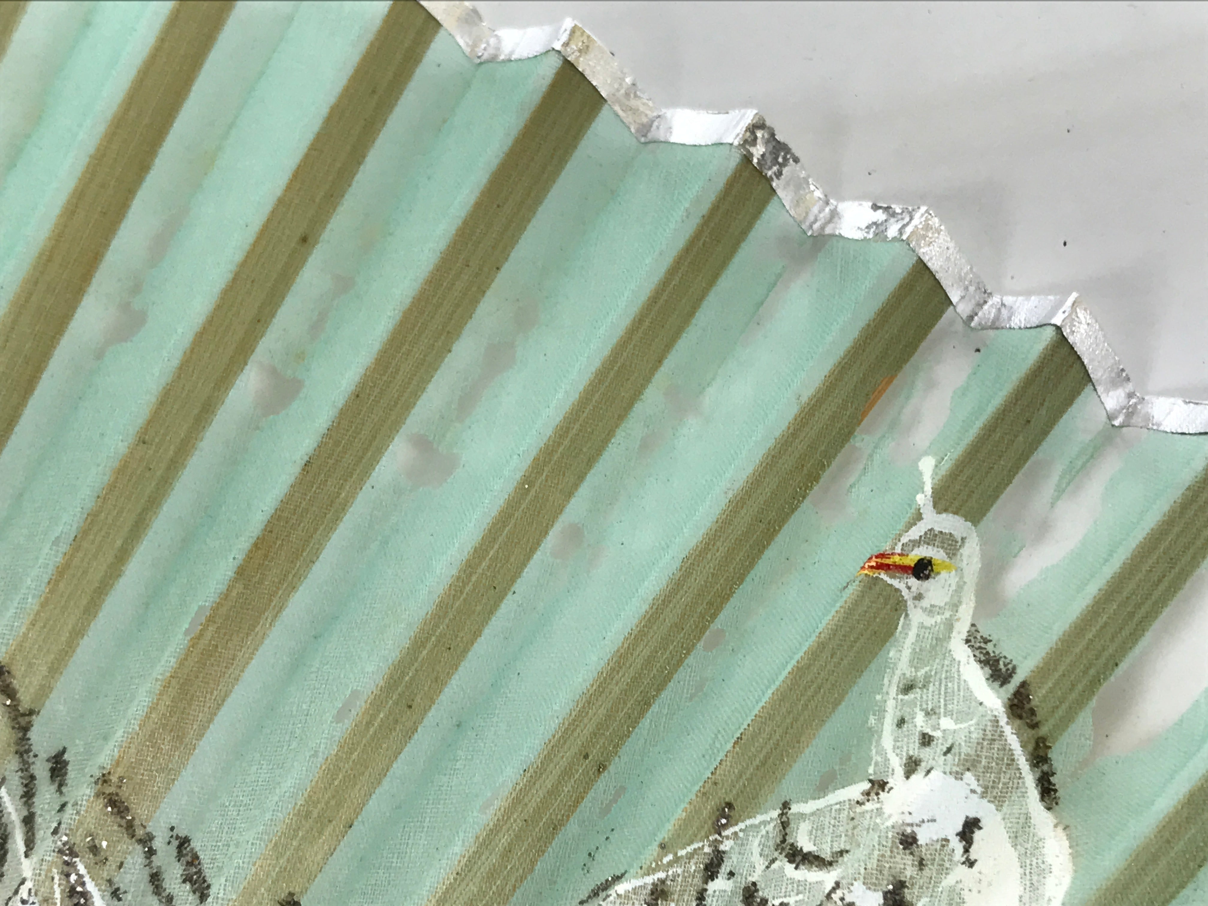 Japanese Fabric Folding Fan Sensu Bamboo Frame White Peacock Bird Green 4D918