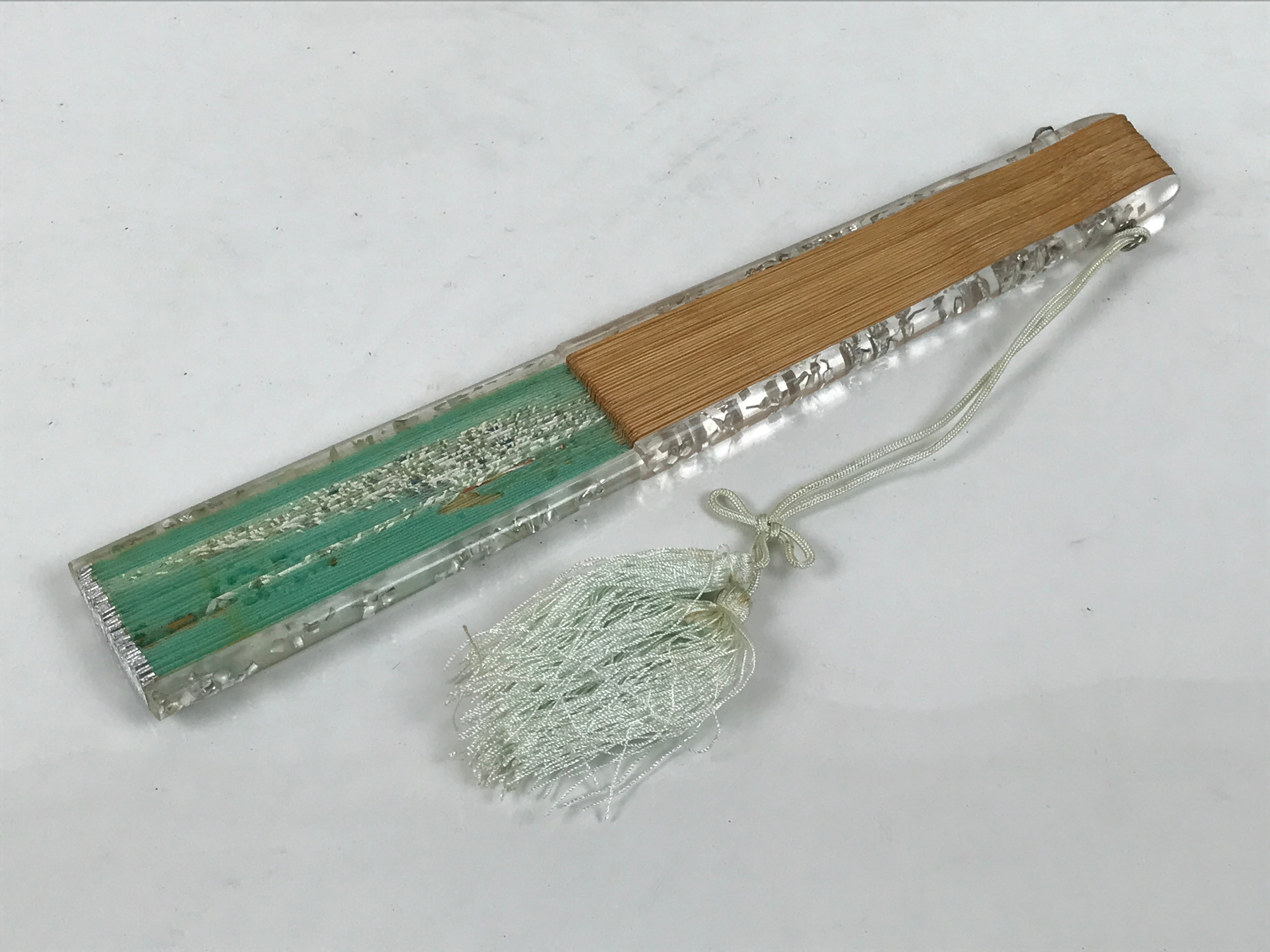 Japanese Fabric Folding Fan Sensu Bamboo Frame White Peacock Bird Green 4D918