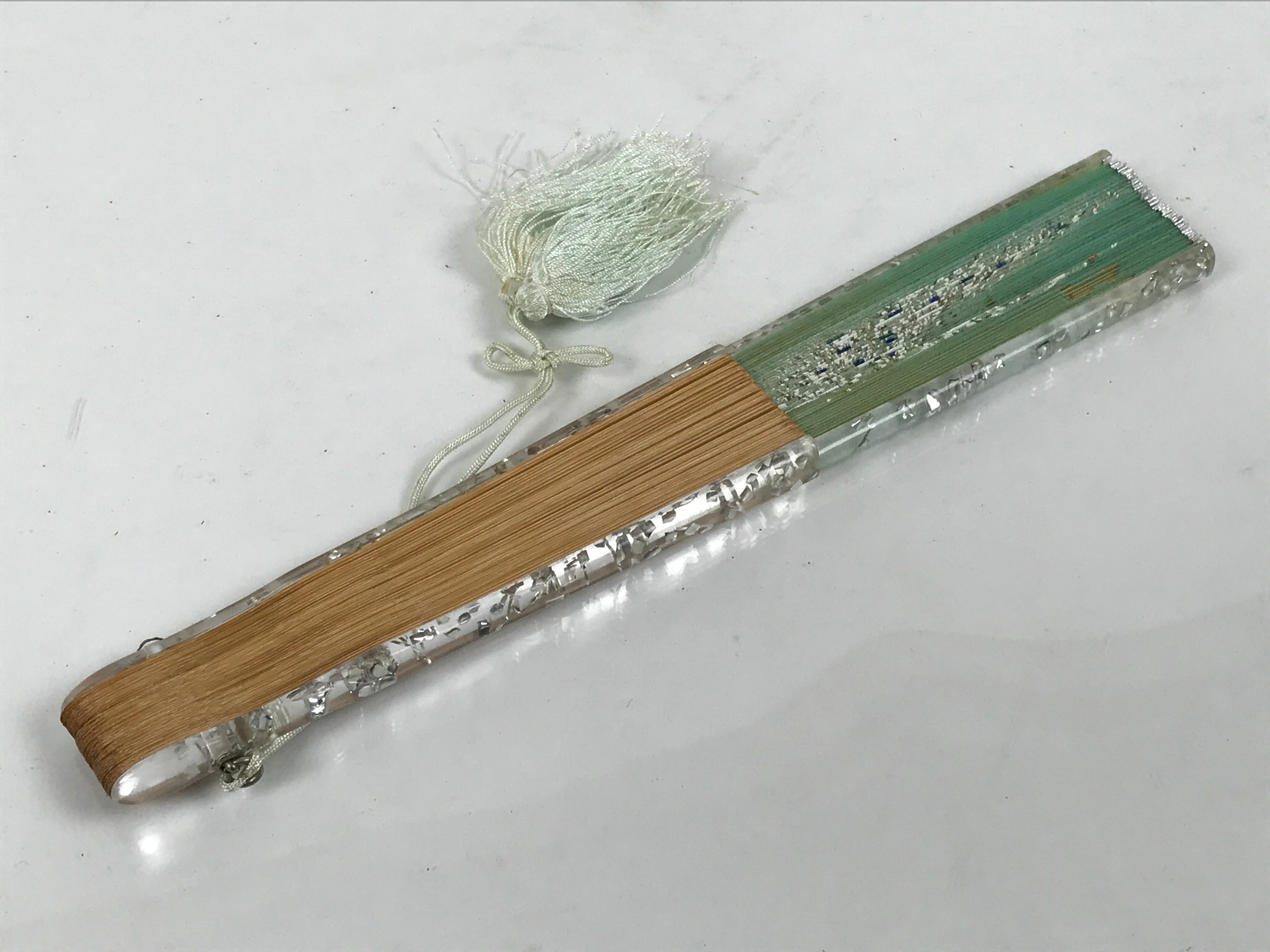 Japanese Fabric Folding Fan Sensu Bamboo Frame White Peacock Bird Green 4D918