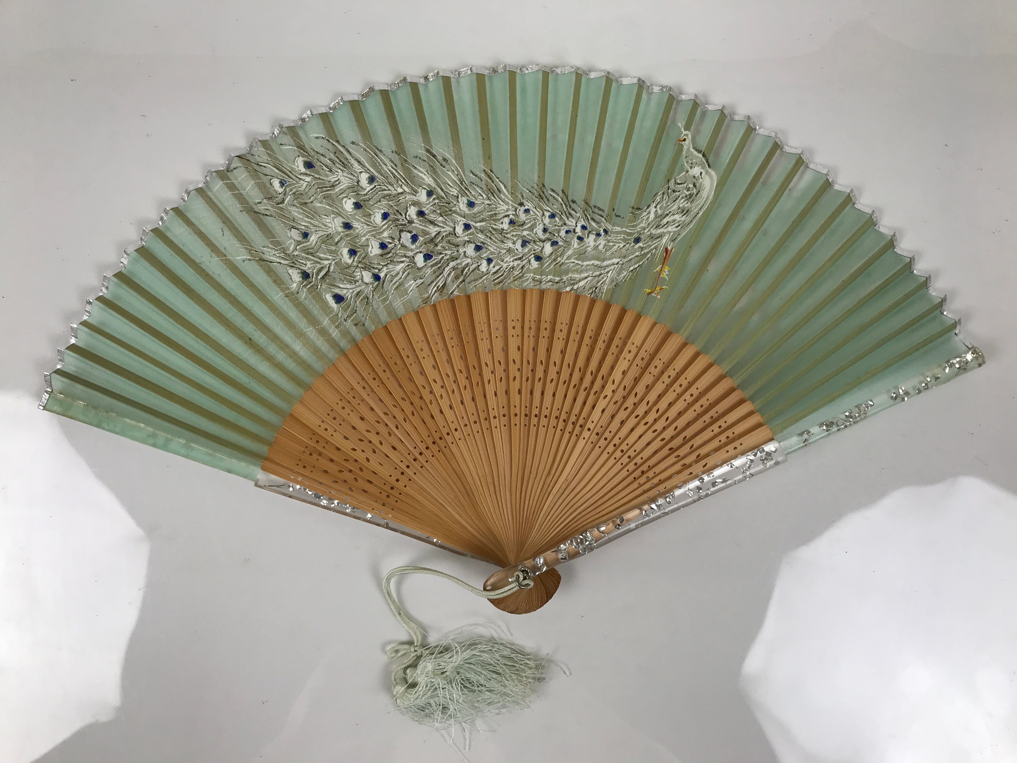 Japanese Fabric Folding Fan Sensu Bamboo Frame White Peacock Bird Green 4D918