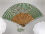 Japanese Fabric Folding Fan Sensu Bamboo Frame White Peacock Bird Green 4D918