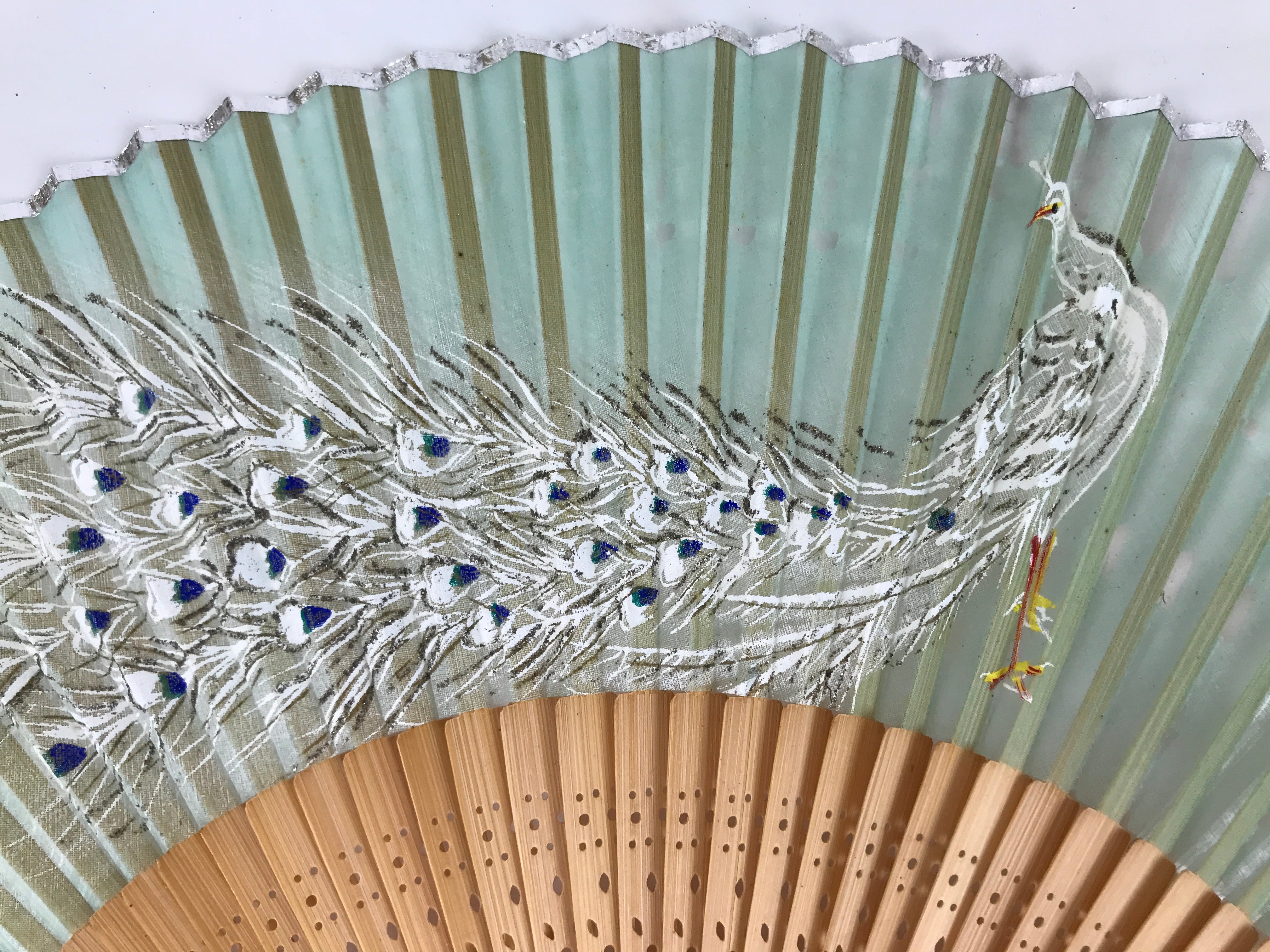 Japanese Fabric Folding Fan Sensu Bamboo Frame White Peacock Bird Green 4D918
