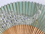 Japanese Fabric Folding Fan Sensu Bamboo Frame White Peacock Bird Green 4D918