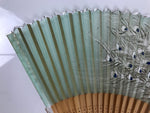 Japanese Fabric Folding Fan Sensu Bamboo Frame White Peacock Bird Green 4D918