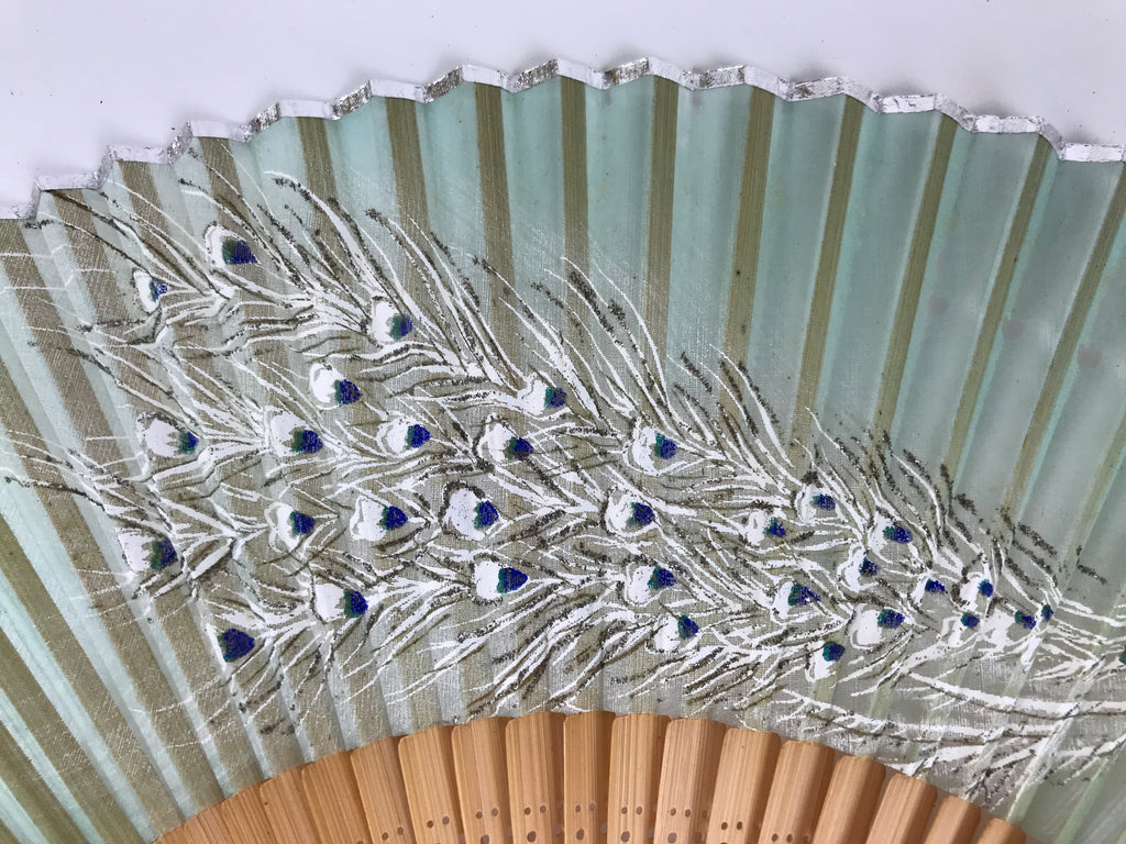Japanese Fabric Folding Fan Sensu Bamboo Frame White Peacock Bird Green 4D918