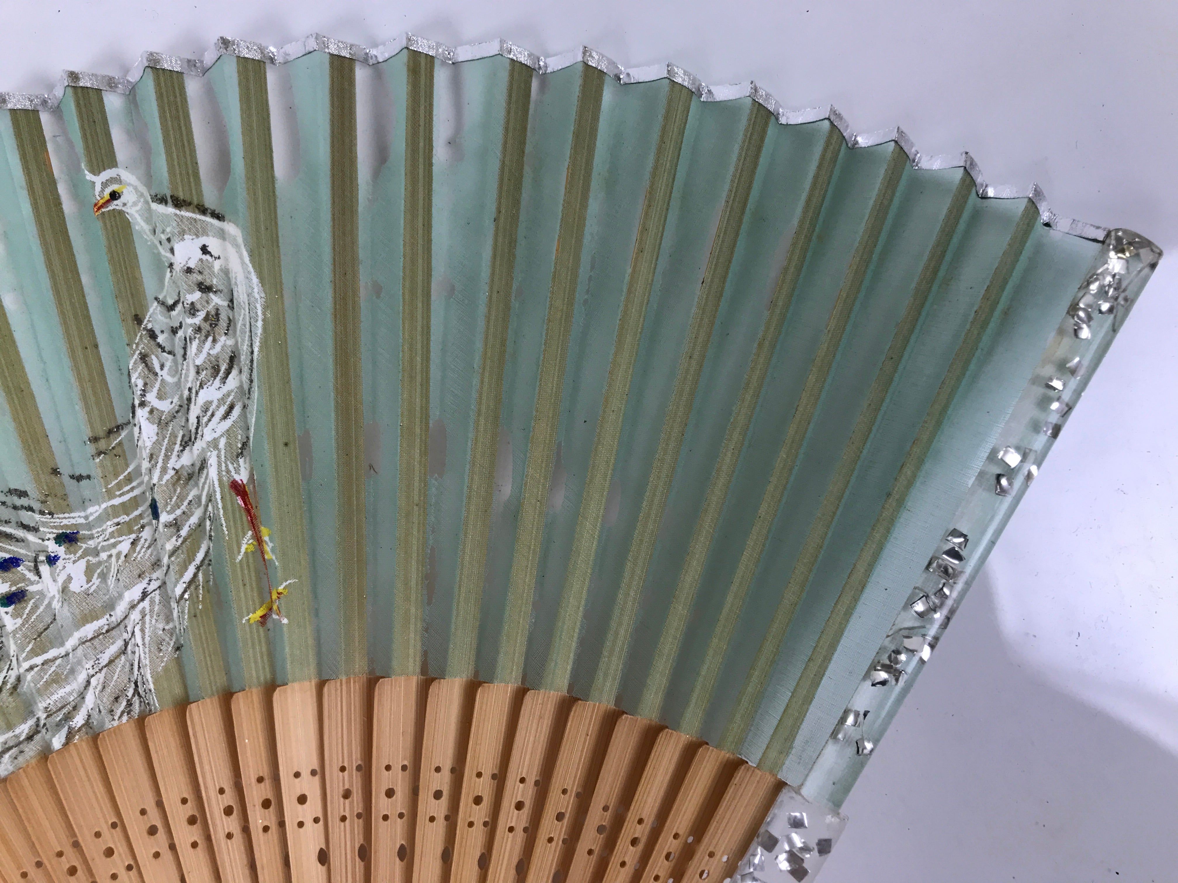 Japanese Fabric Folding Fan Sensu Bamboo Frame White Peacock Bird Green 4D918