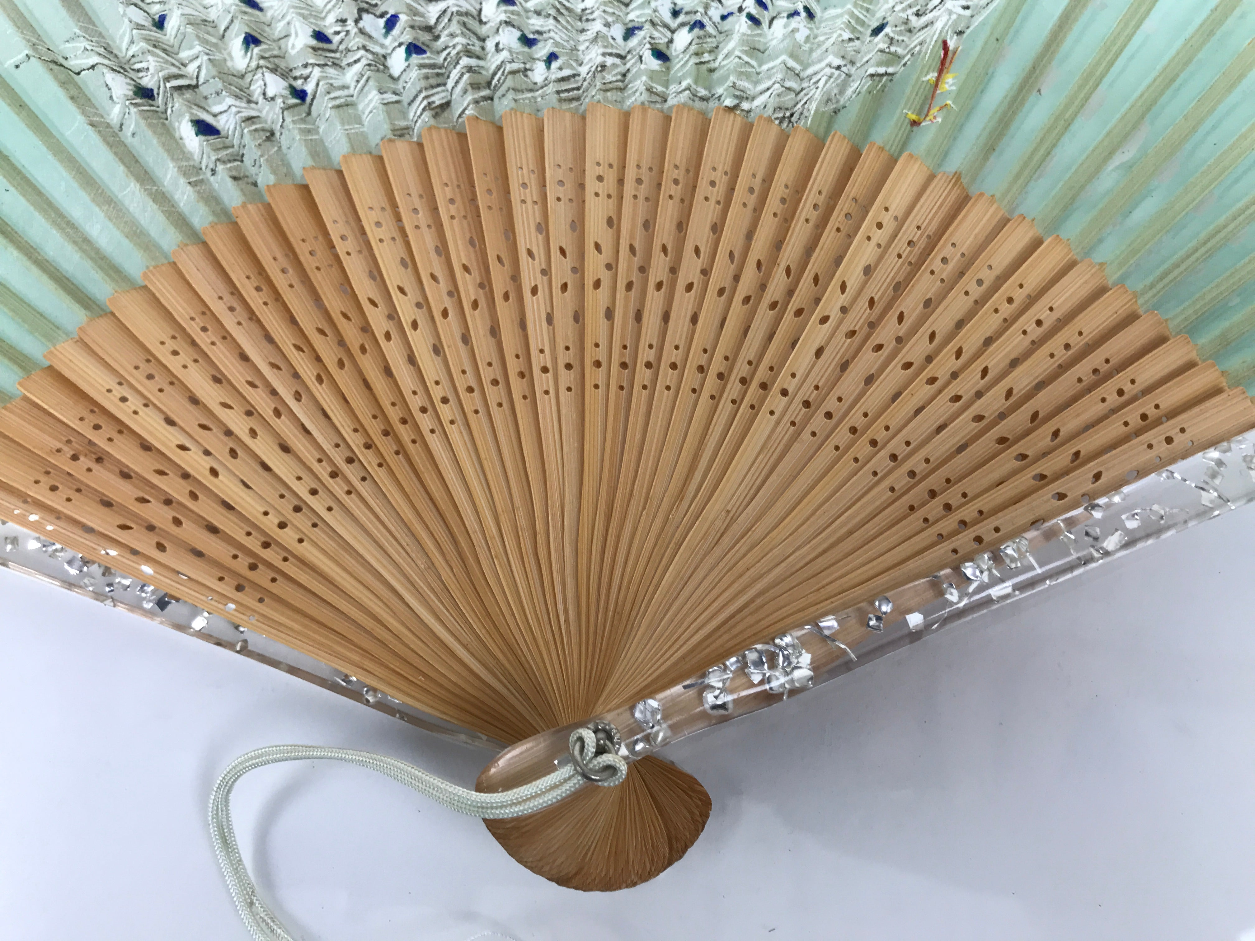 Japanese Fabric Folding Fan Sensu Bamboo Frame White Peacock Bird Green 4D918