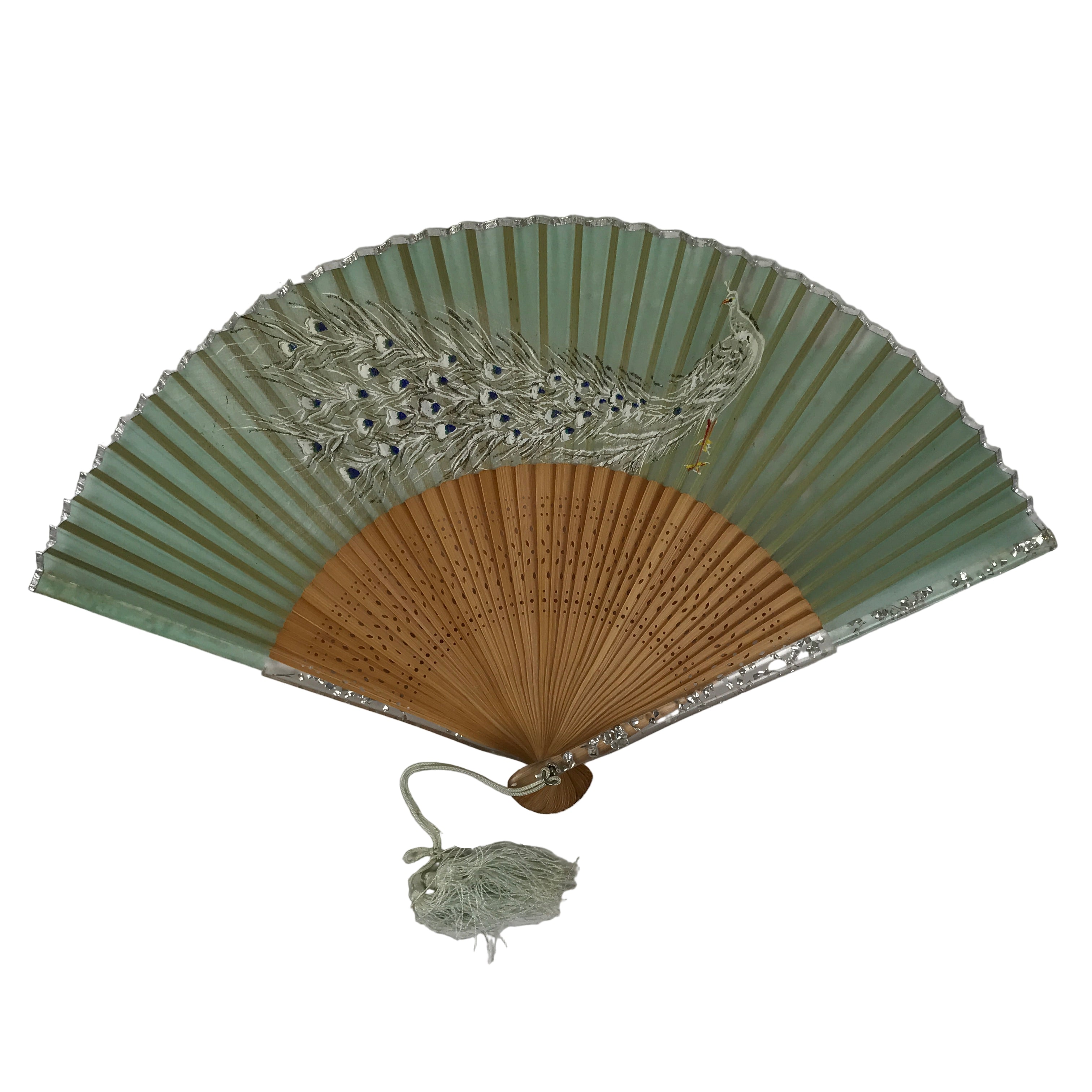 Japanese Fabric Folding Fan Sensu Bamboo Frame White Peacock Bird Green 4D918