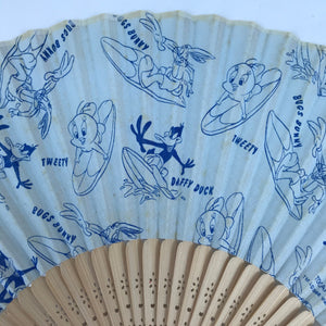 Japanese Fabric Folding Fan Sensu Bamboo Resin Frame Looney Tunes Blue 4D815