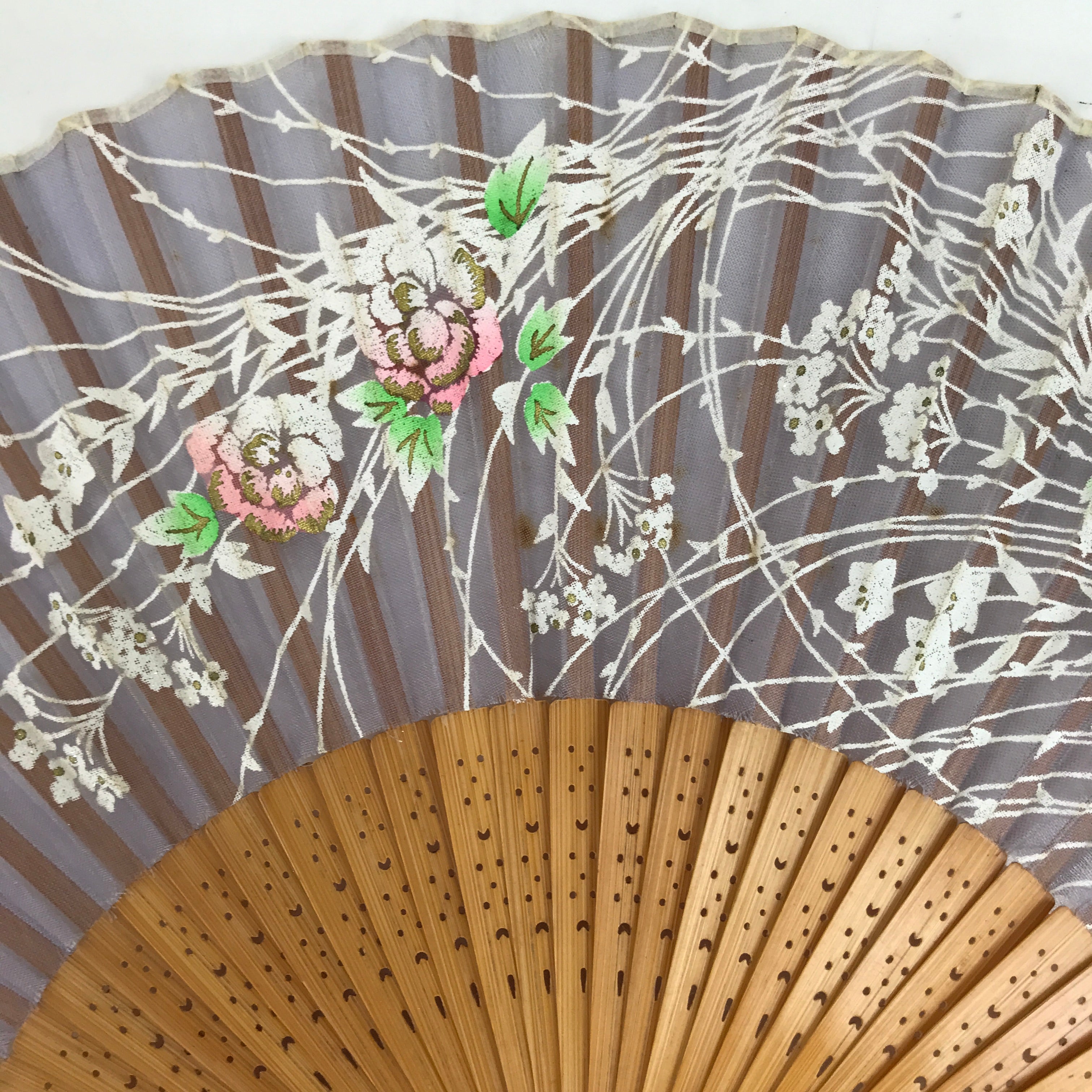 Japanese Fabric Folding Fan Sensu Bamboo Resin Frame Peony Botan Purple 4D836