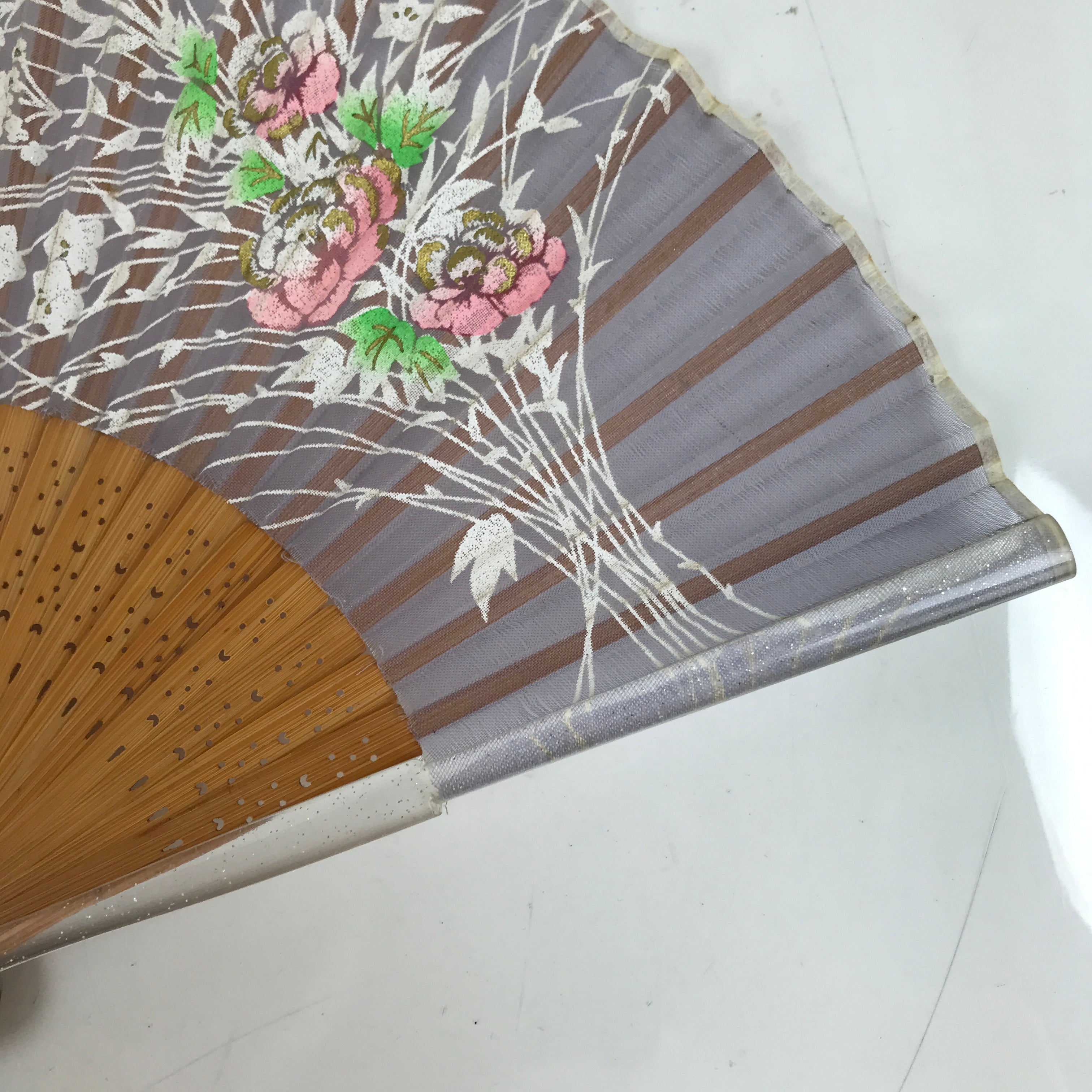 Japanese Fabric Folding Fan Sensu Bamboo Resin Frame Peony Botan Purple 4D836