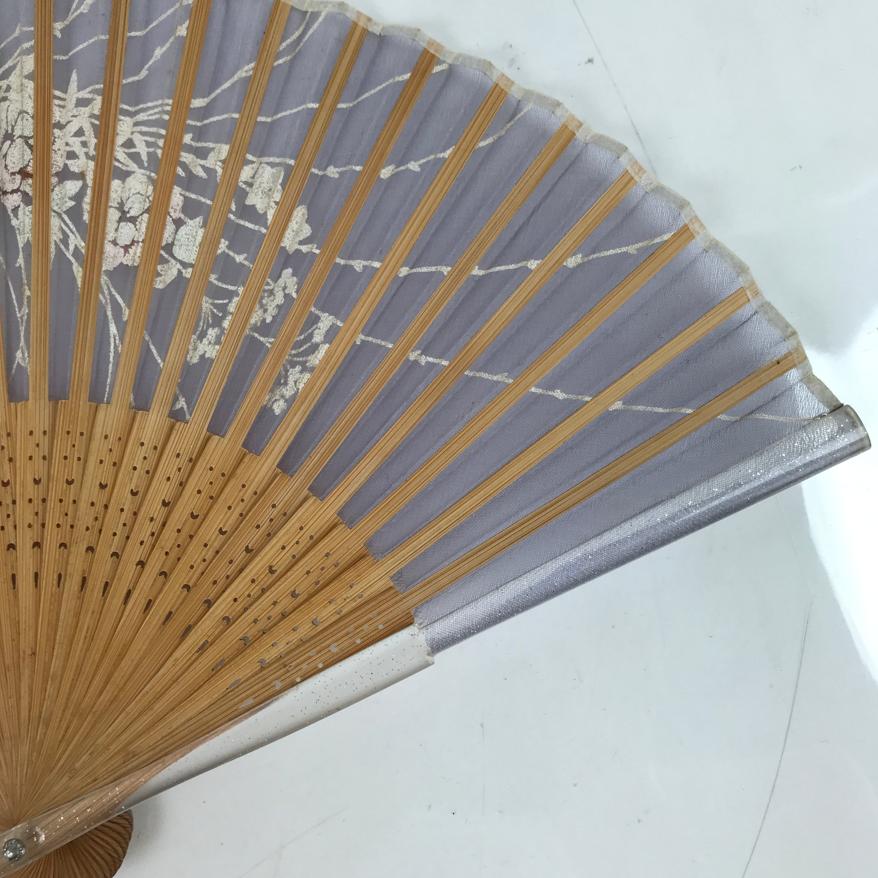 Japanese Fabric Folding Fan Sensu Bamboo Resin Frame Peony Botan Purple 4D836