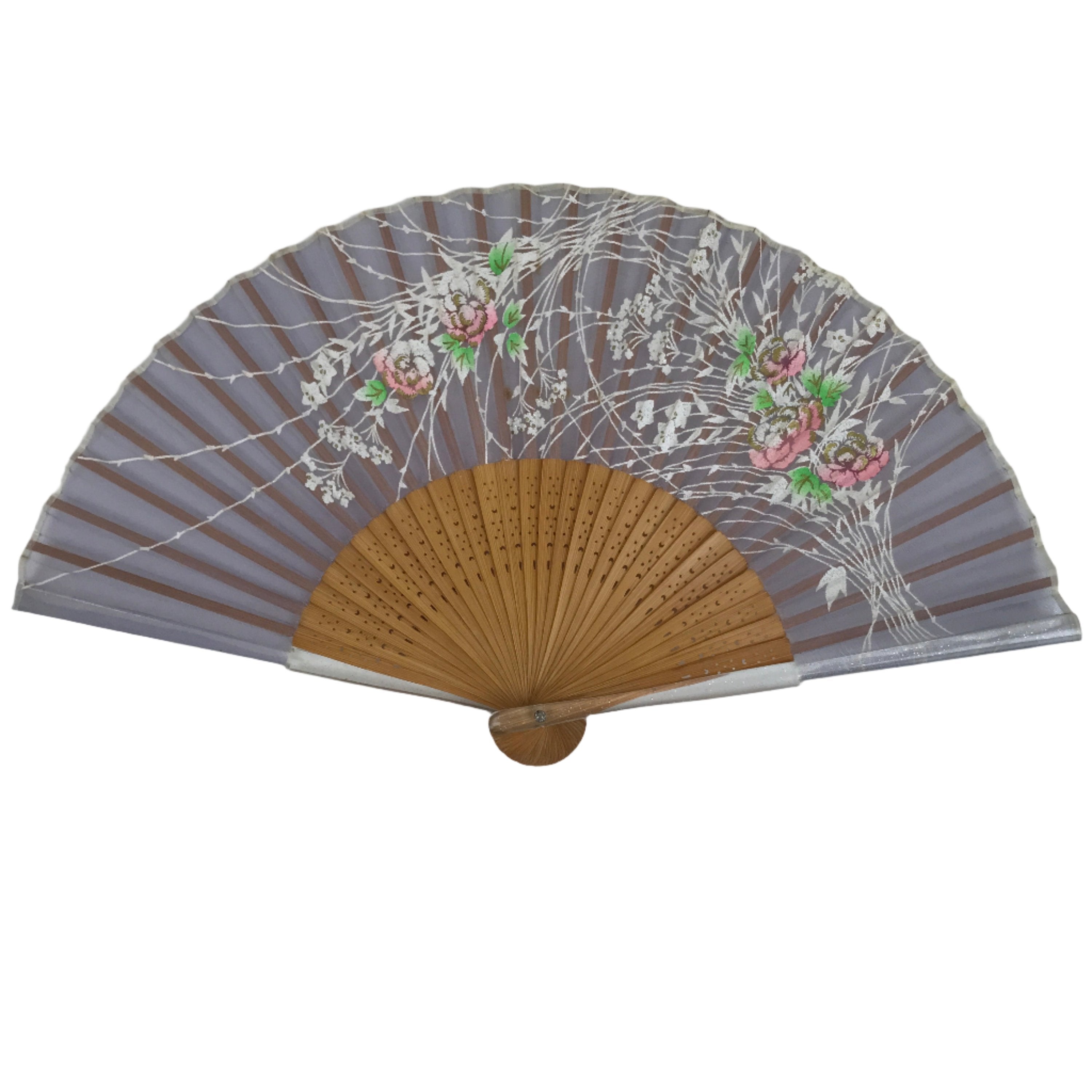 Japanese Fabric Folding Fan Sensu Bamboo Resin Frame Peony Botan Purple 4D836