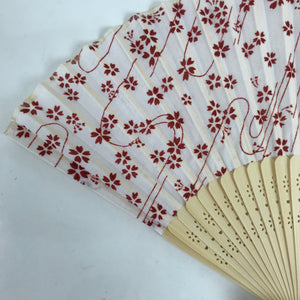 Japanese Fabric Folding Fan Sensu Natural Bamboo Frame Cherry Blossoms Red 4D810