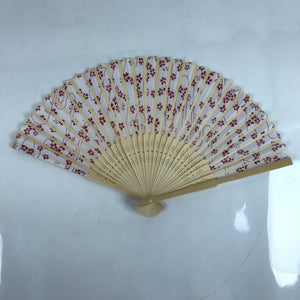 Japanese Fabric Folding Fan Sensu Natural Bamboo Frame Cherry Blossoms Red 4D810