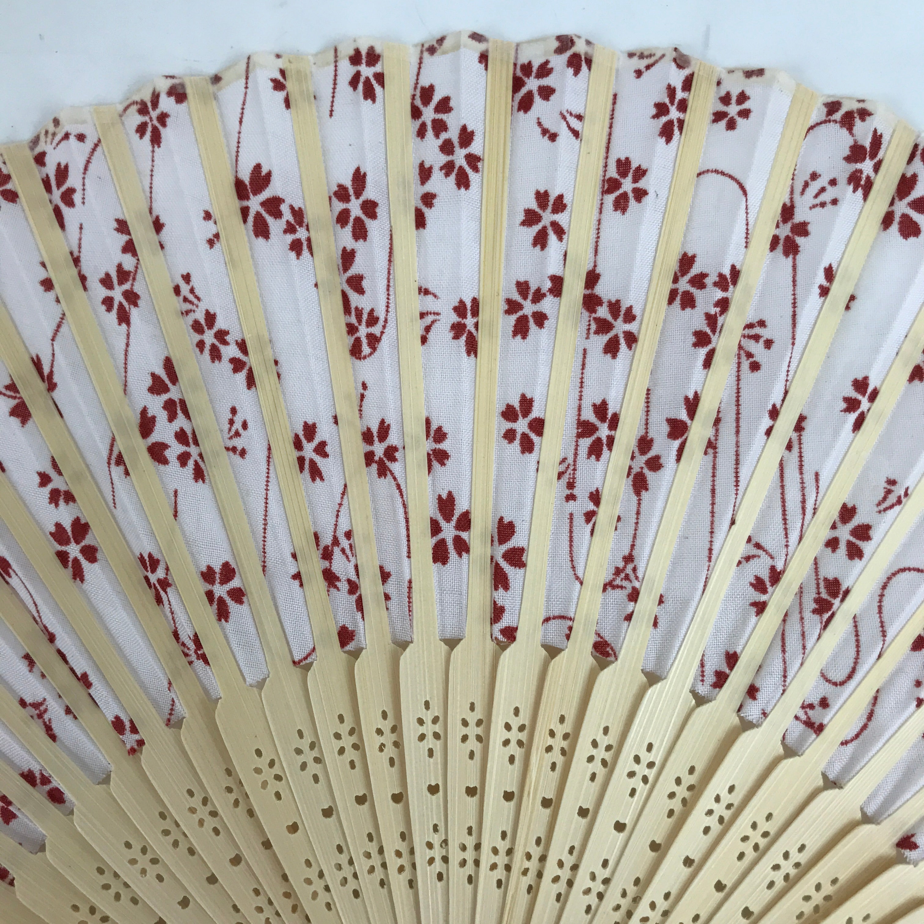 Japanese Fabric Folding Fan Sensu Natural Bamboo Frame Cherry Blossoms Red 4D810