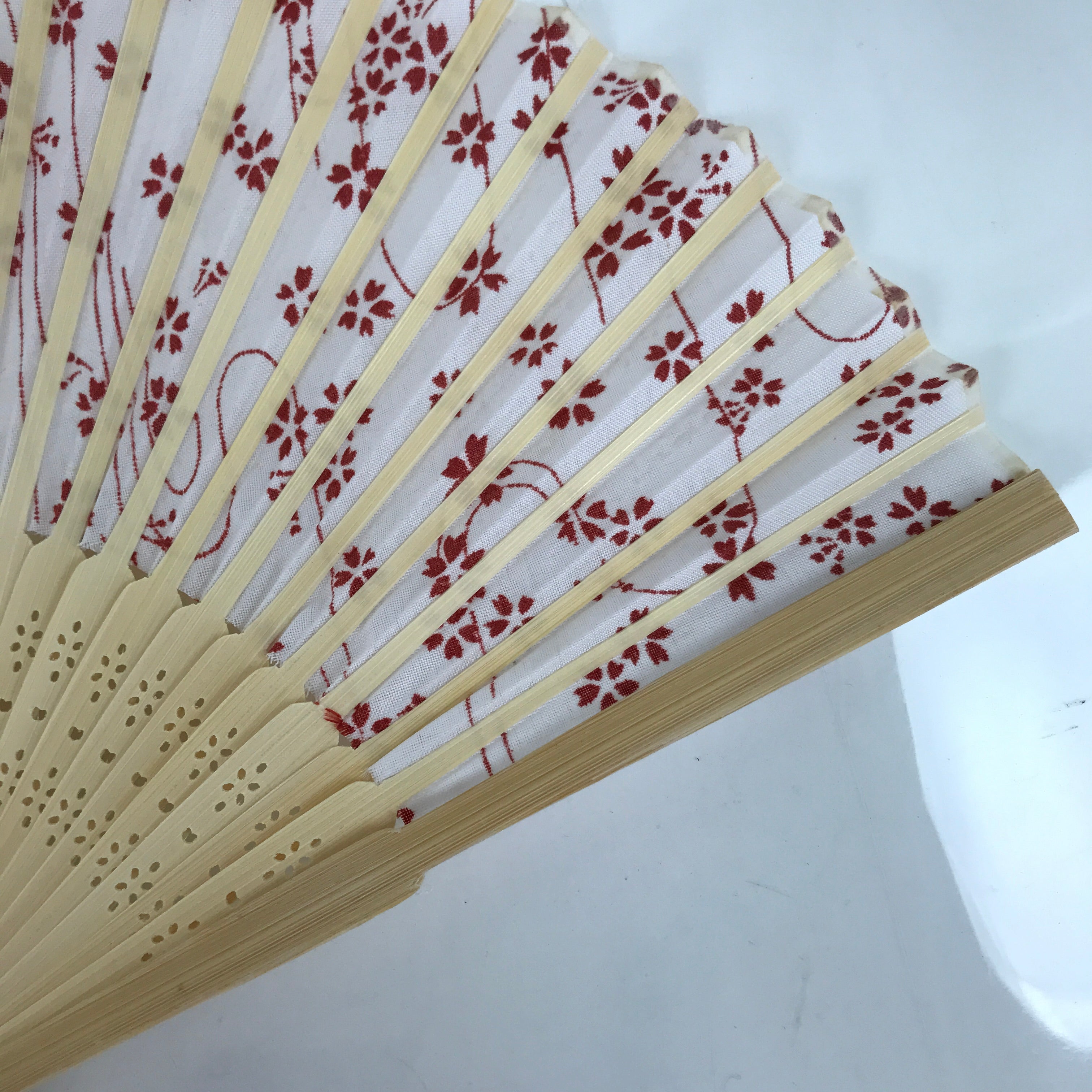 Japanese Fabric Folding Fan Sensu Natural Bamboo Frame Cherry Blossoms Red 4D810