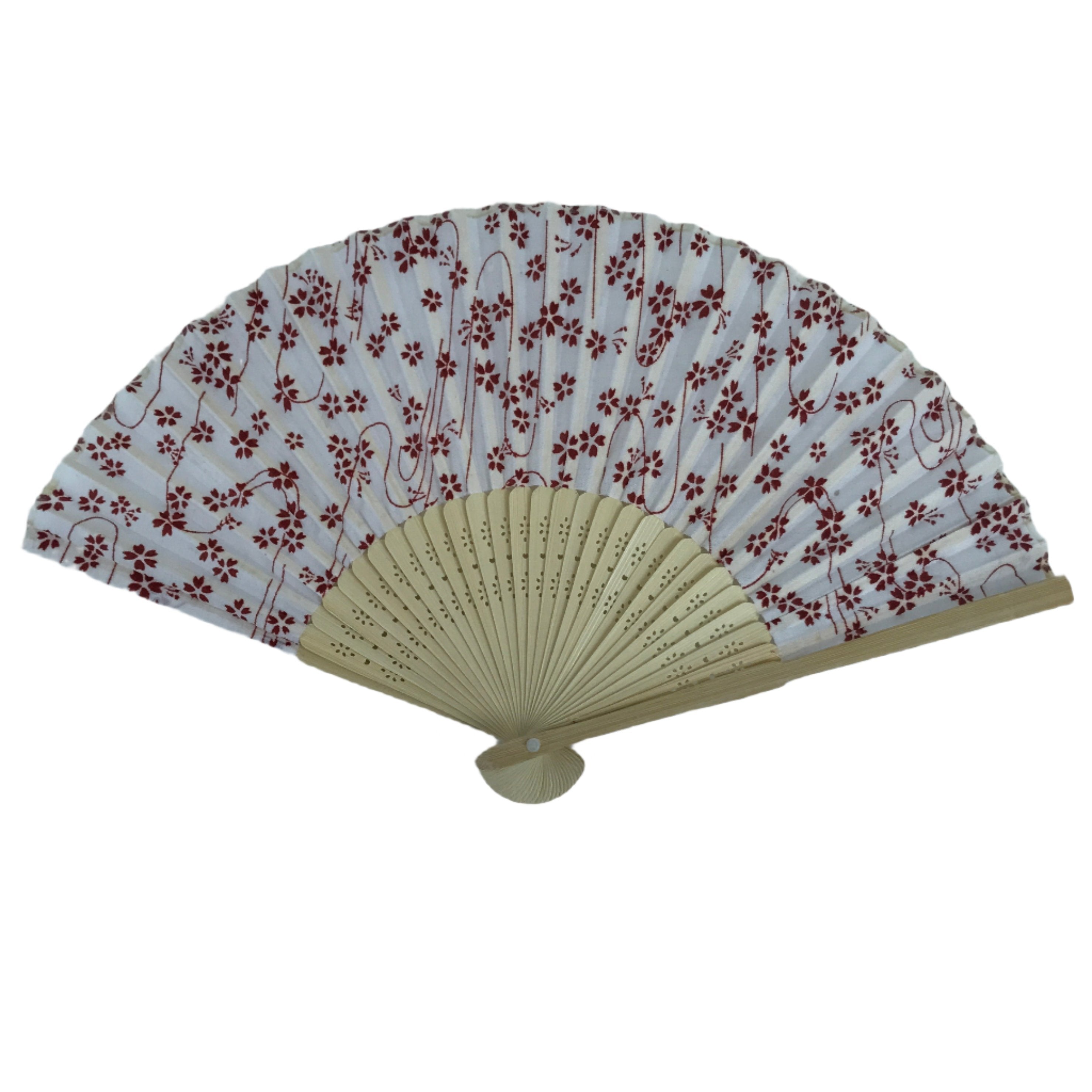 Japanese Fabric Folding Fan Sensu Natural Bamboo Frame Cherry Blossoms Red 4D810