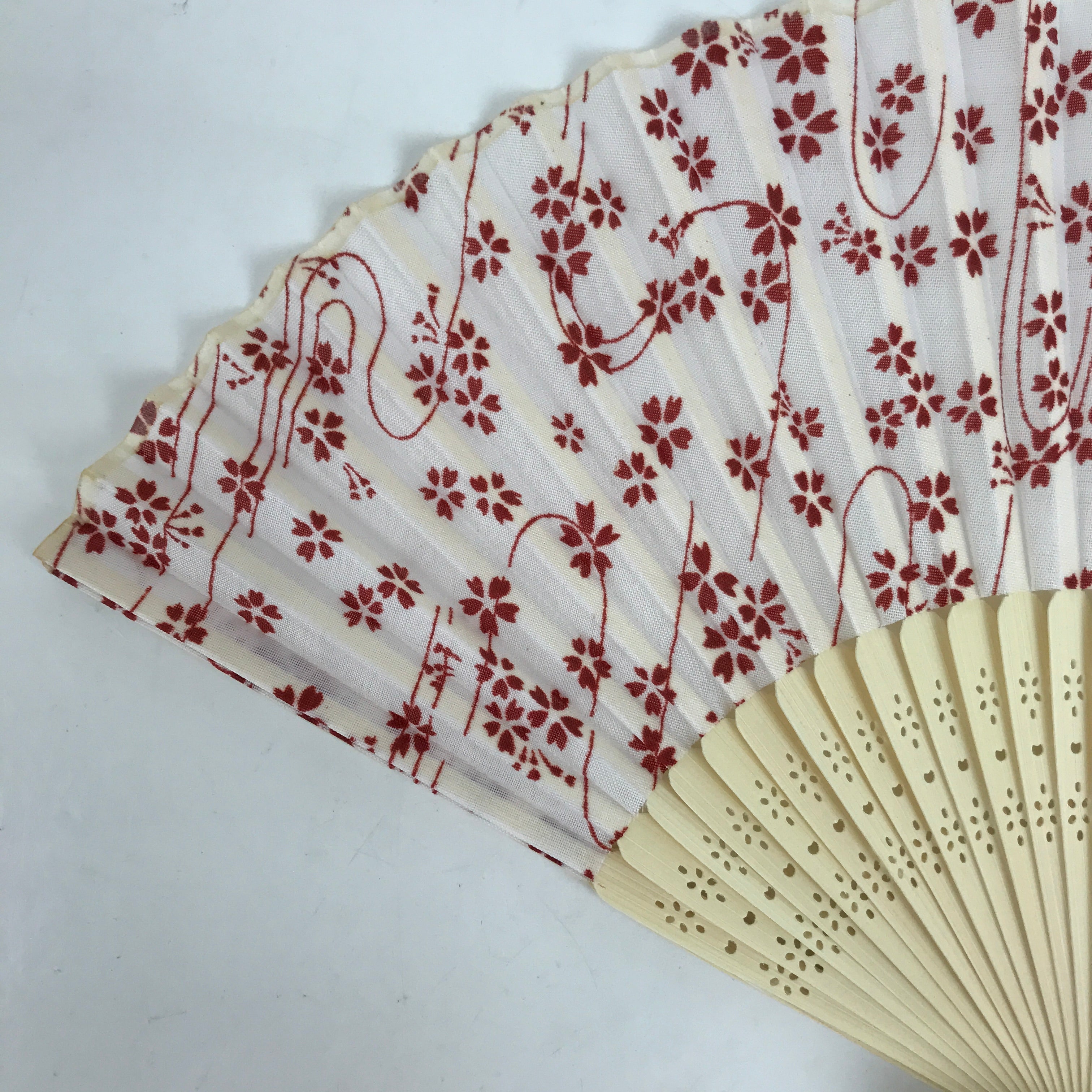 Japanese Fabric Folding Fan Sensu Natural Bamboo Frame Cherry Blossoms Red 4D845