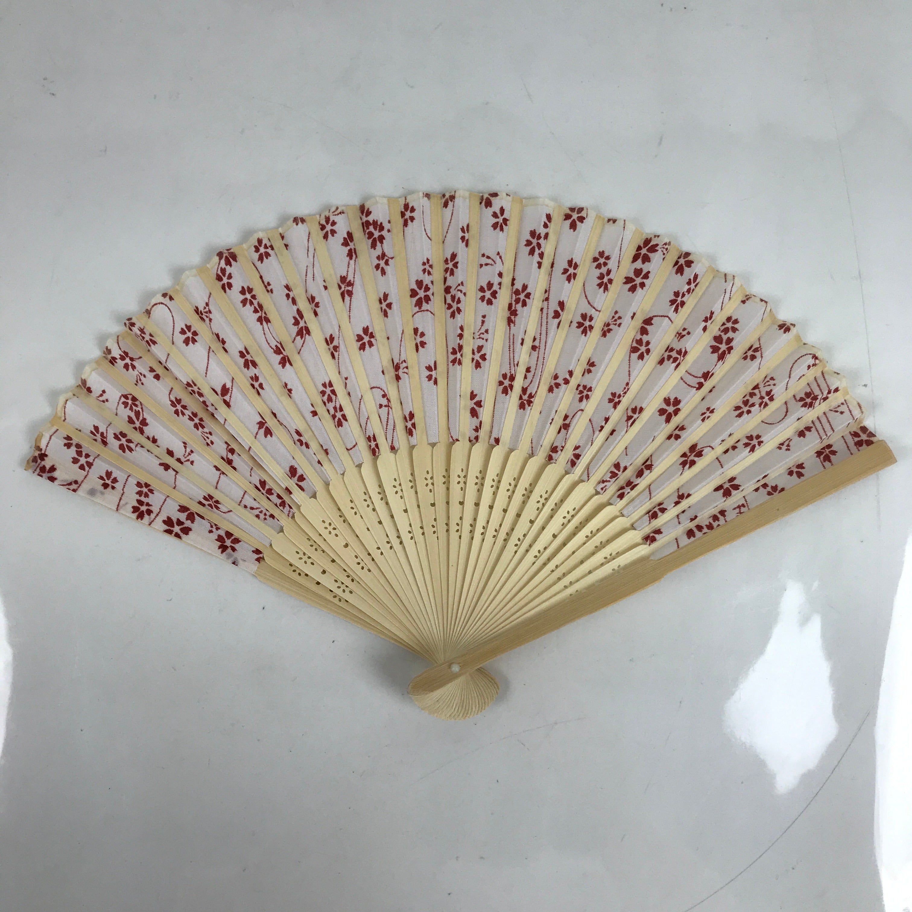 Japanese Fabric Folding Fan Sensu Natural Bamboo Frame Cherry Blossoms Red 4D845