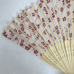 Japanese Fabric Folding Fan Sensu Natural Bamboo Frame Cherry Blossoms Red 4D845