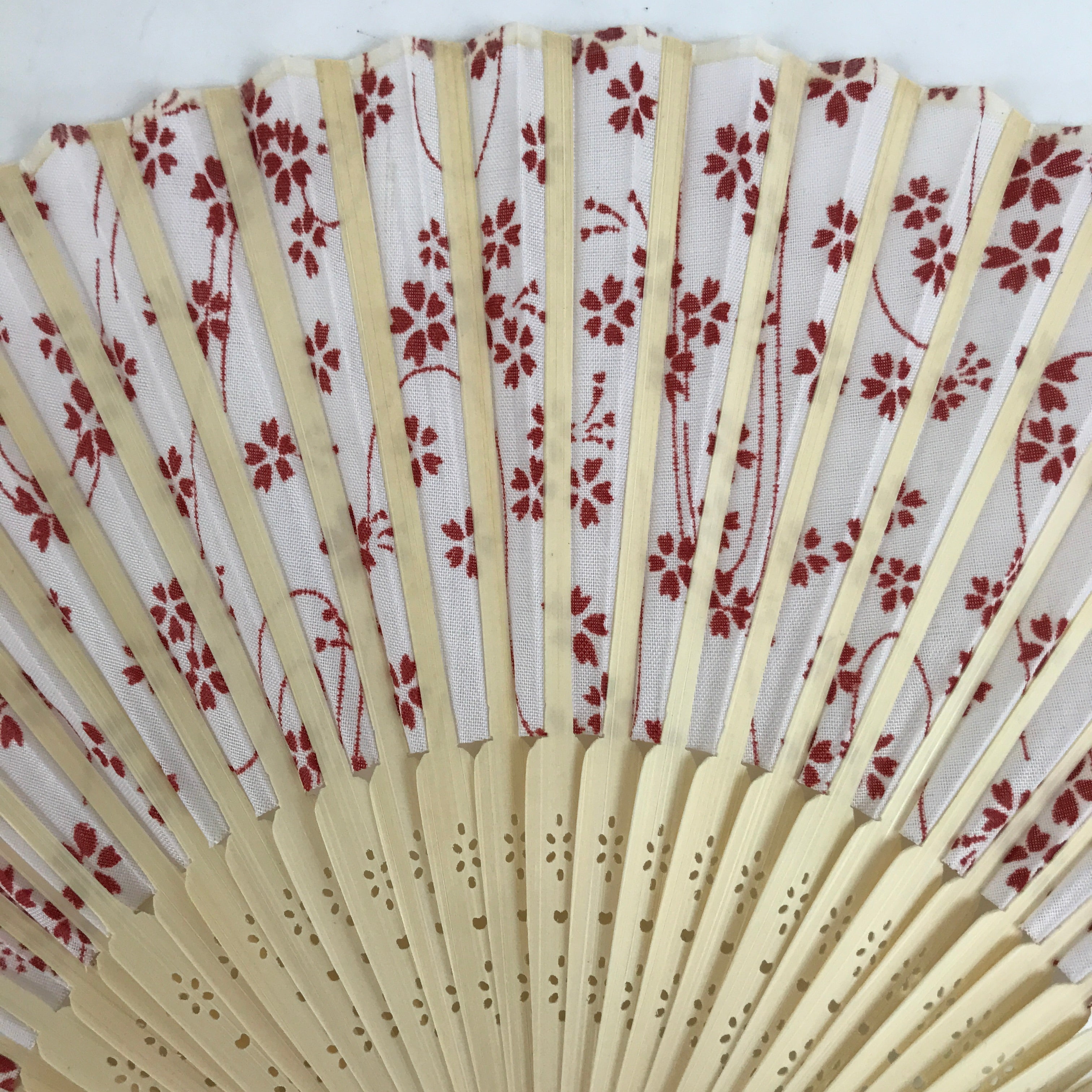 Japanese Fabric Folding Fan Sensu Natural Bamboo Frame Cherry Blossoms Red 4D845