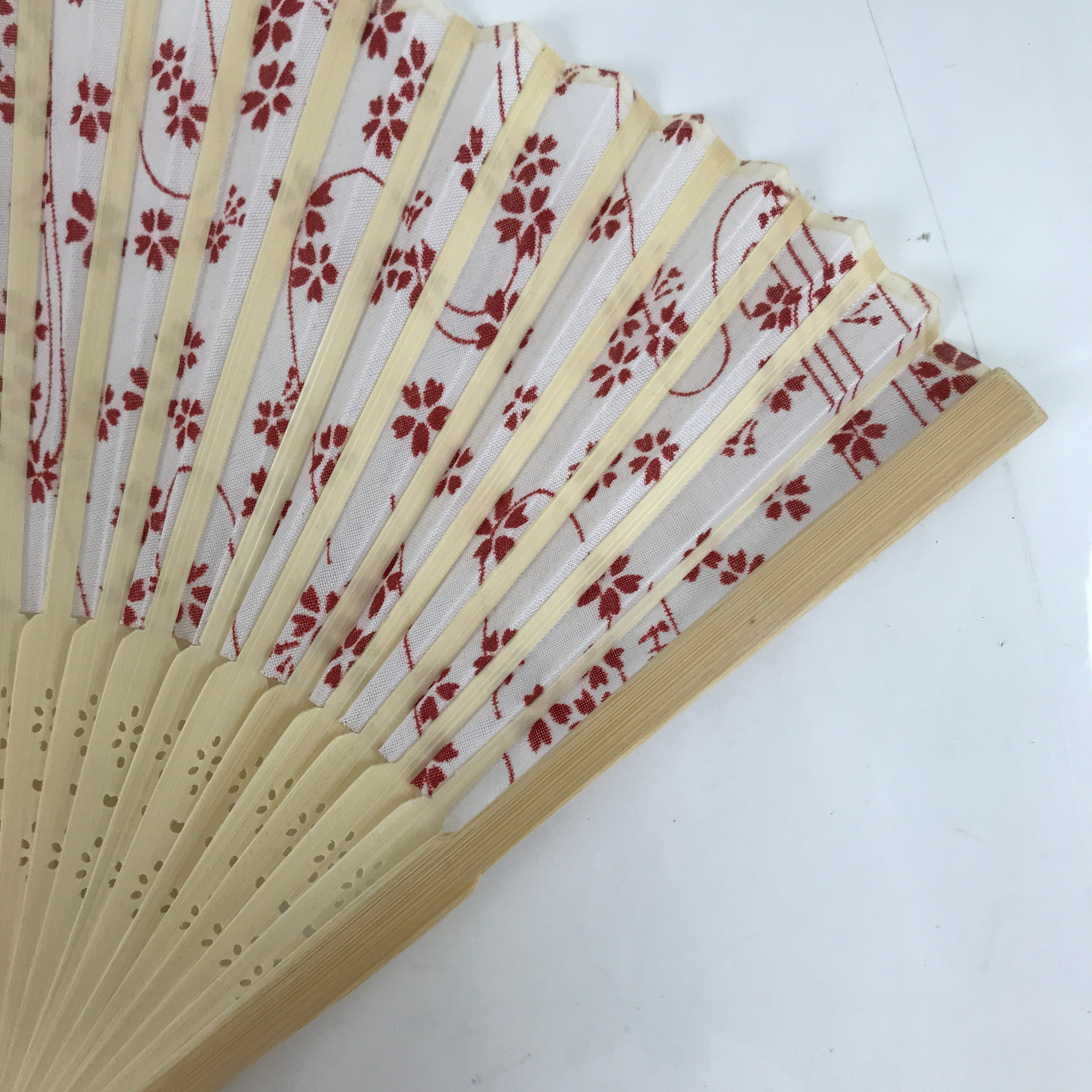 Japanese Fabric Folding Fan Sensu Natural Bamboo Frame Cherry Blossoms Red 4D845