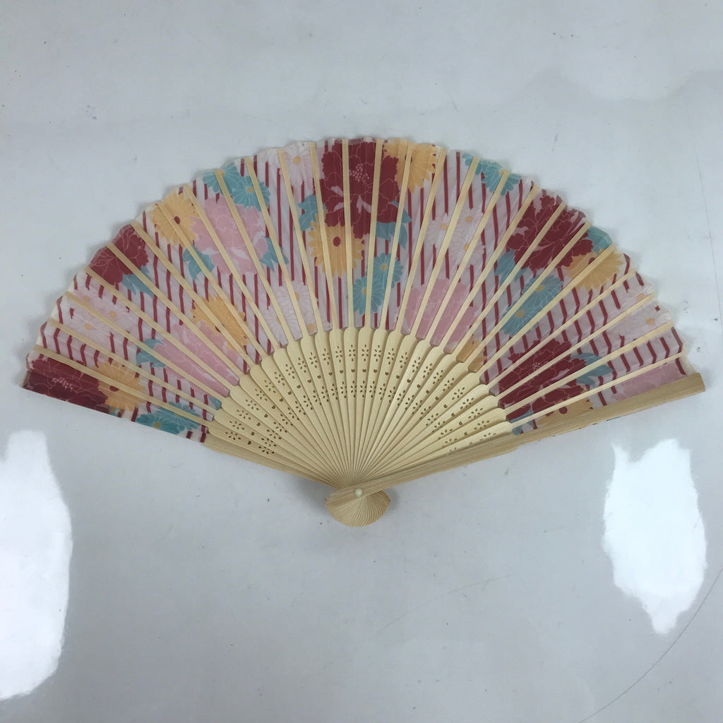 Japanese Fabric Folding Fan Sensu Natural Bamboo Frame Peony Botan Pink 4D851