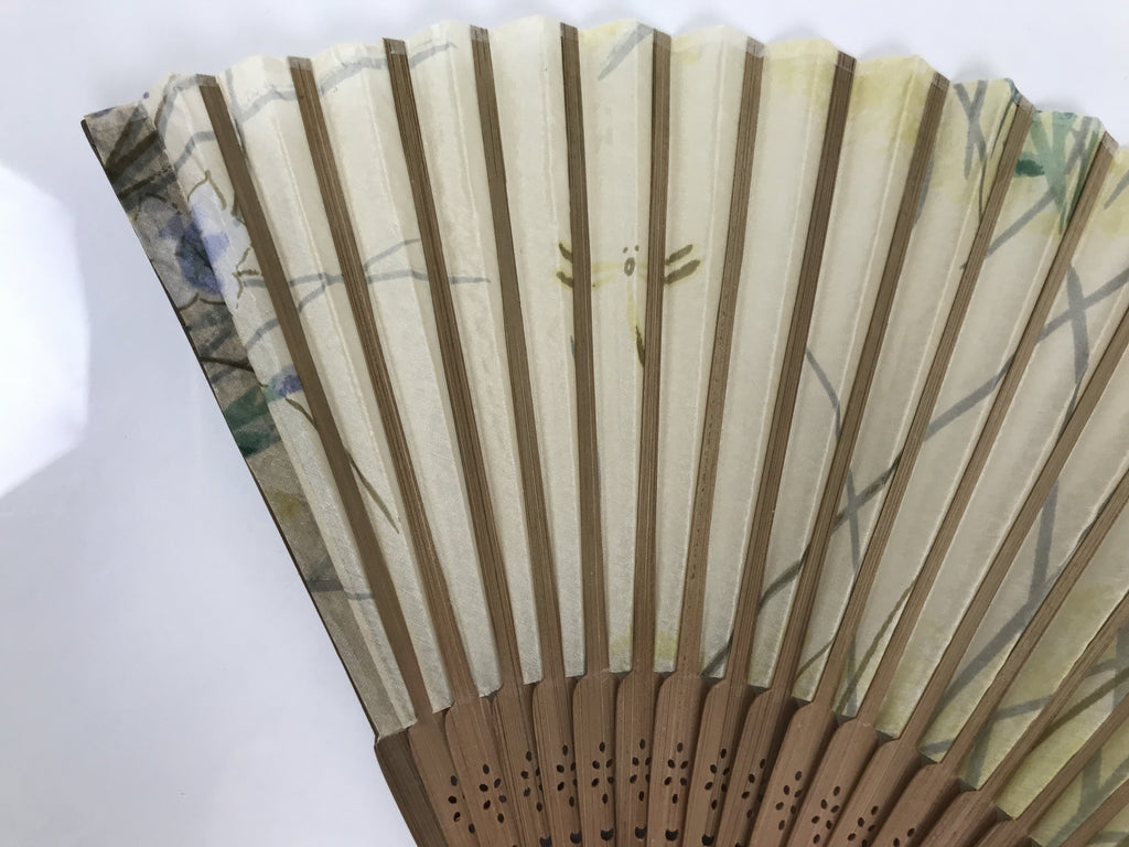 Japanese Fabric Folding Fan Sensu Vtg Bamboo Frame Floral Dragonfly Brown 5D3