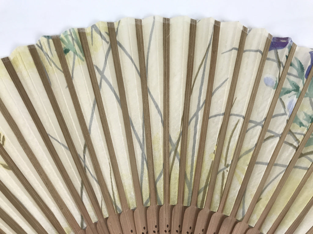 Japanese Fabric Folding Fan Sensu Vtg Bamboo Frame Floral Dragonfly Brown 5D3