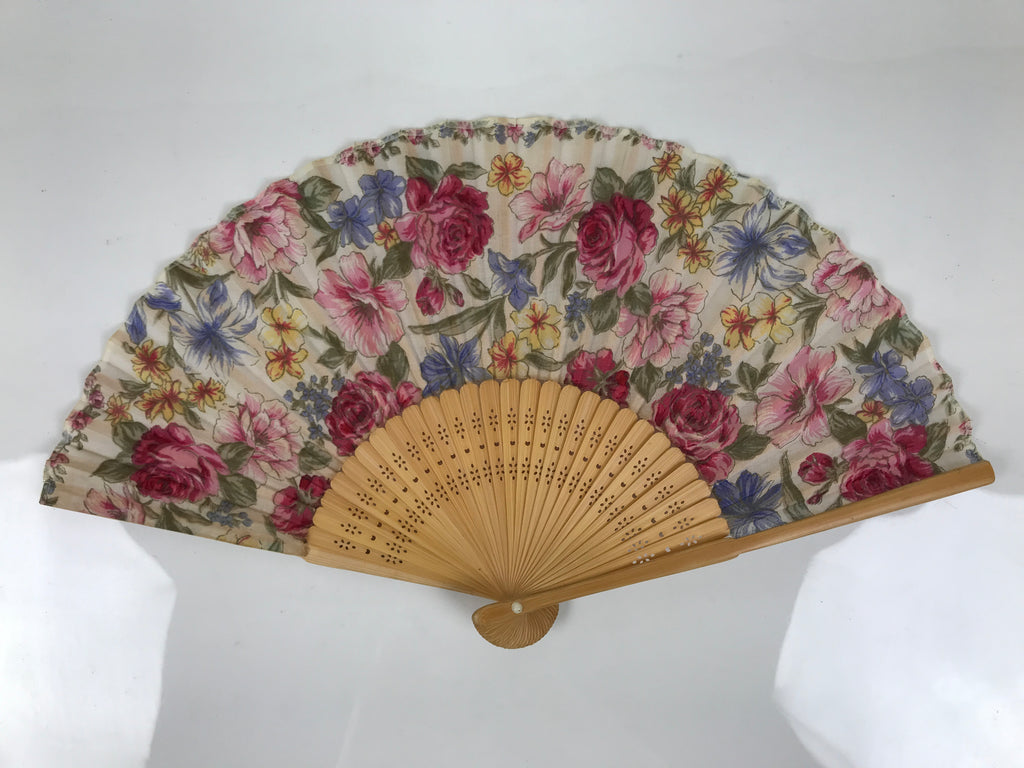 Japanese Fabric Folding Fan Sensu Vtg Bamboo Frame Floral Medley Roses 4D920