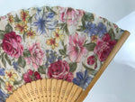 Japanese Fabric Folding Fan Sensu Vtg Bamboo Frame Floral Medley Roses 4D920