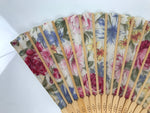 Japanese Fabric Folding Fan Sensu Vtg Bamboo Frame Floral Medley Roses 4D920
