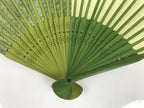 Japanese Fabric Folding Fan Sensu Vtg Bamboo Frame Light Dark Green Block 5D4