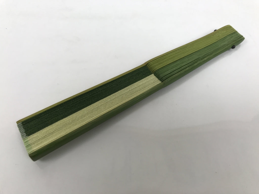 Japanese Fabric Folding Fan Sensu Vtg Bamboo Frame Light Dark Green Block 5D4